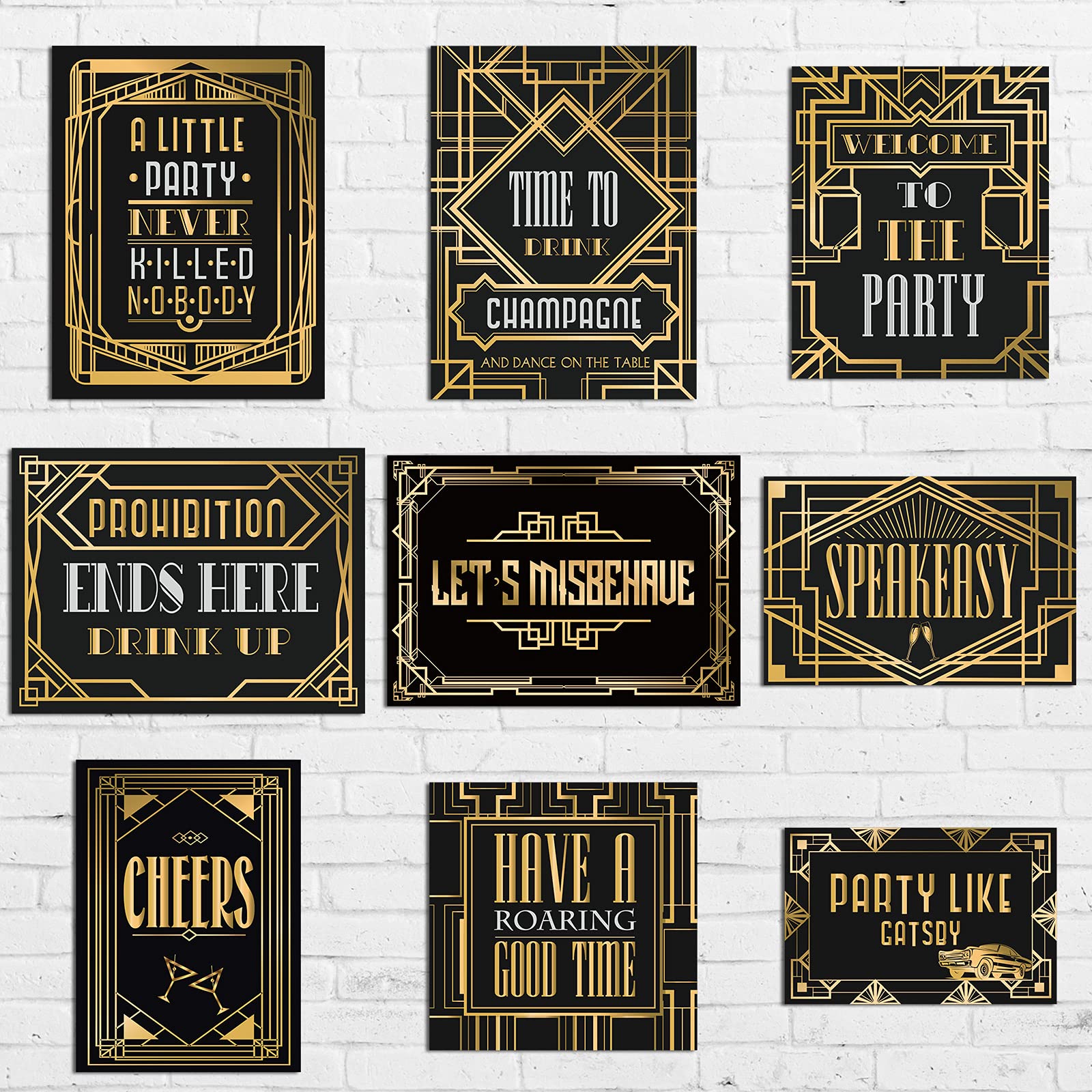 LINGXIU 9-Piece Roaring 20s Party Decorations Kit - Black & Gold Retro Jazz Wall Signs for 1920s Speakeasy Theme Party | Perfect for Gatsby-Themed Events, Birthday Parties & Vintage Home Decor