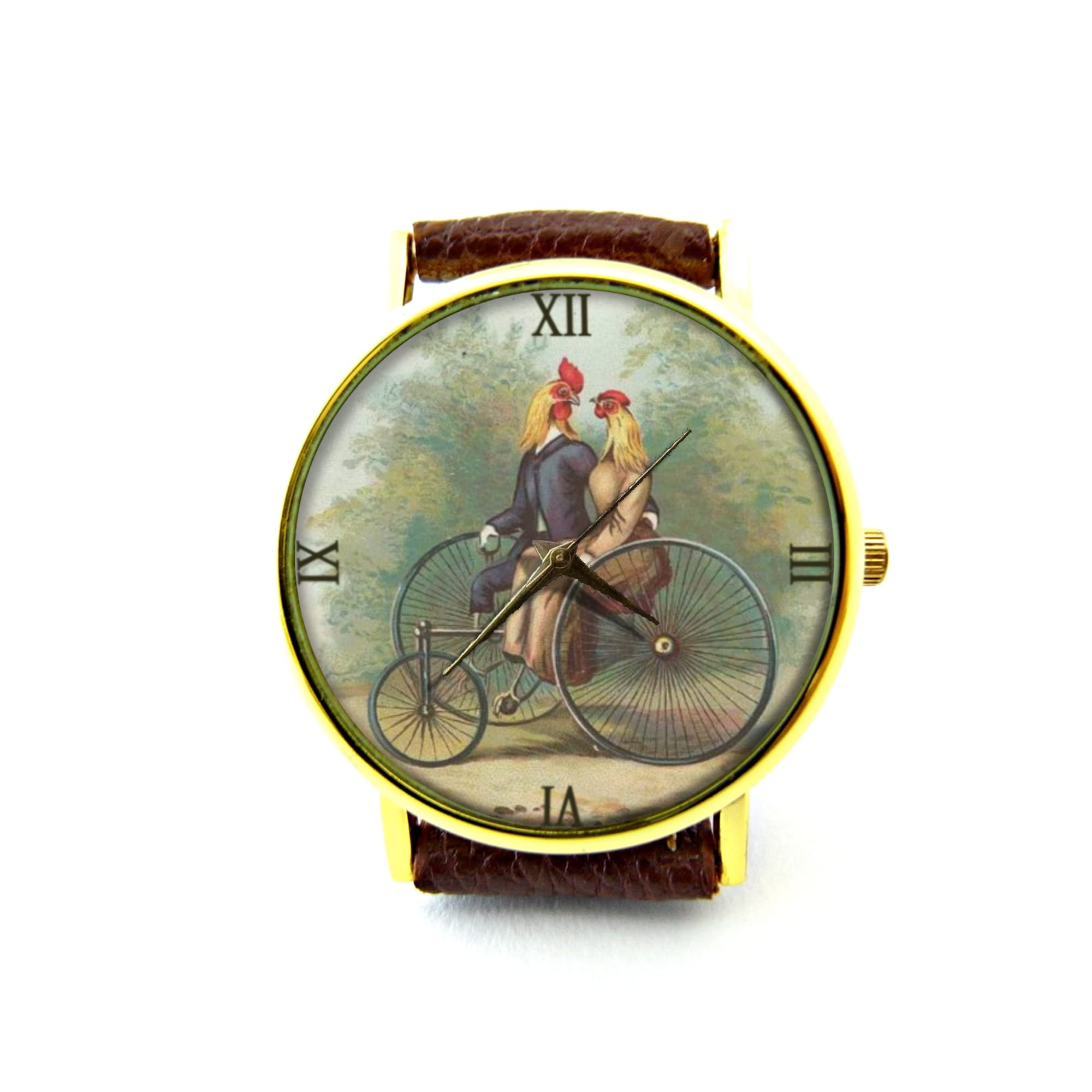 Stylish Unisex Leather Bike Watch for Couples - Perfect for Cyclists & Outdoor Enthusiasts | Chicken Jewelry & Bike Art Design P298 | Ideal for Cycling, Hiking & Everyday Fashion