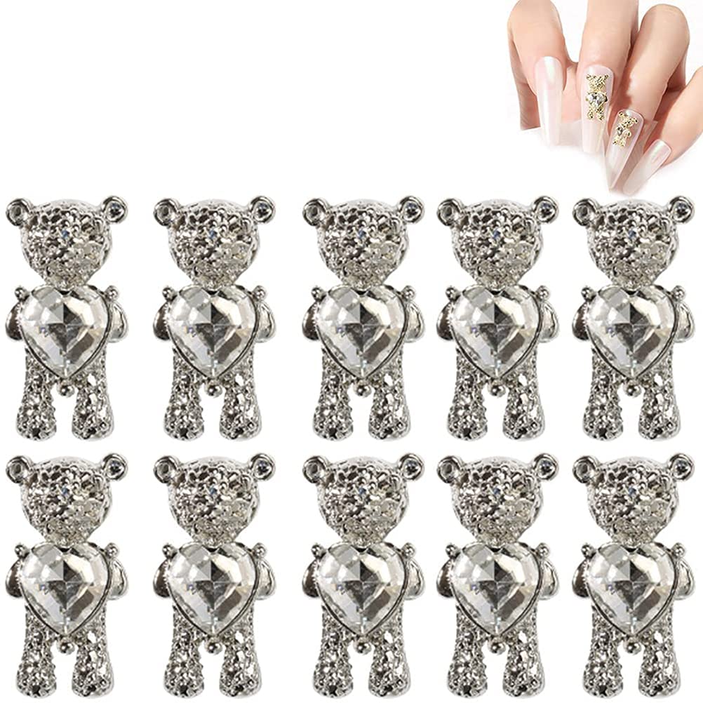 10Pcs 3D Metal Bear Nail Art Charms - Cute Crystal Nail Jewelry Decorations Set for Women & Girls DIY Manicure | Perfect for Parties, Weddings & Nail Salon Designs