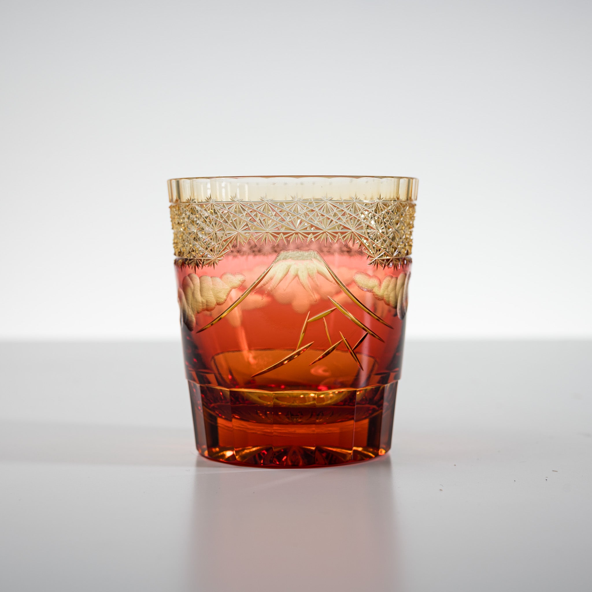 Premium Yamada Crystal Glass Rock Glass - Mt Fuji Inspired Amber Red Whiskey Tumbler for Scotch, Bourbon & Cocktail Drinking at Home Bar or Party