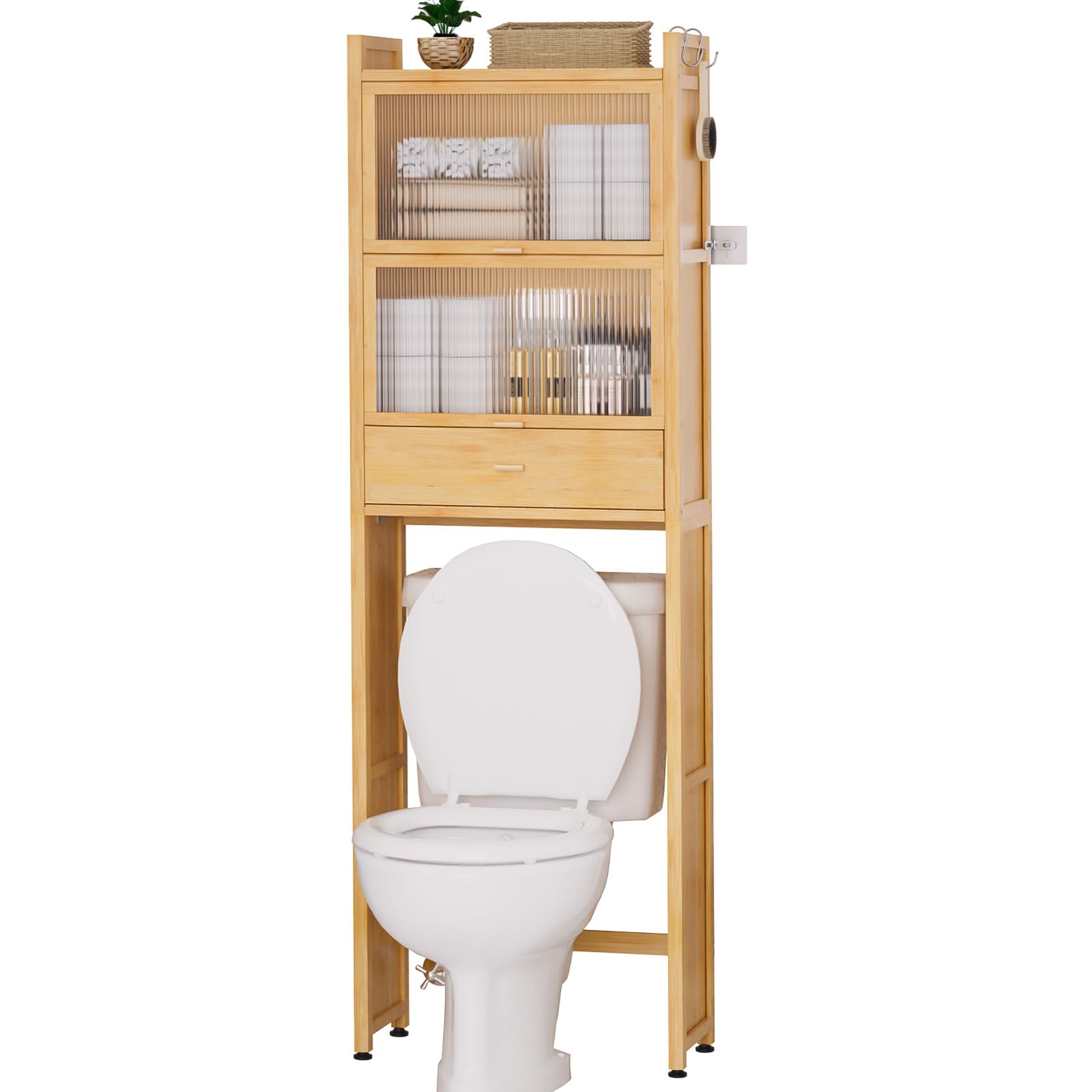 Over The Toilet Storage Cabinet with Drawer & Flip Door - Bamboo Bathroom Organizer Shelf | Anti-Tip Design, Waterproof Feet | Freestanding Space Saver for WC (Natural) - Perfect for Small Bathrooms, Apartments & Powder Rooms