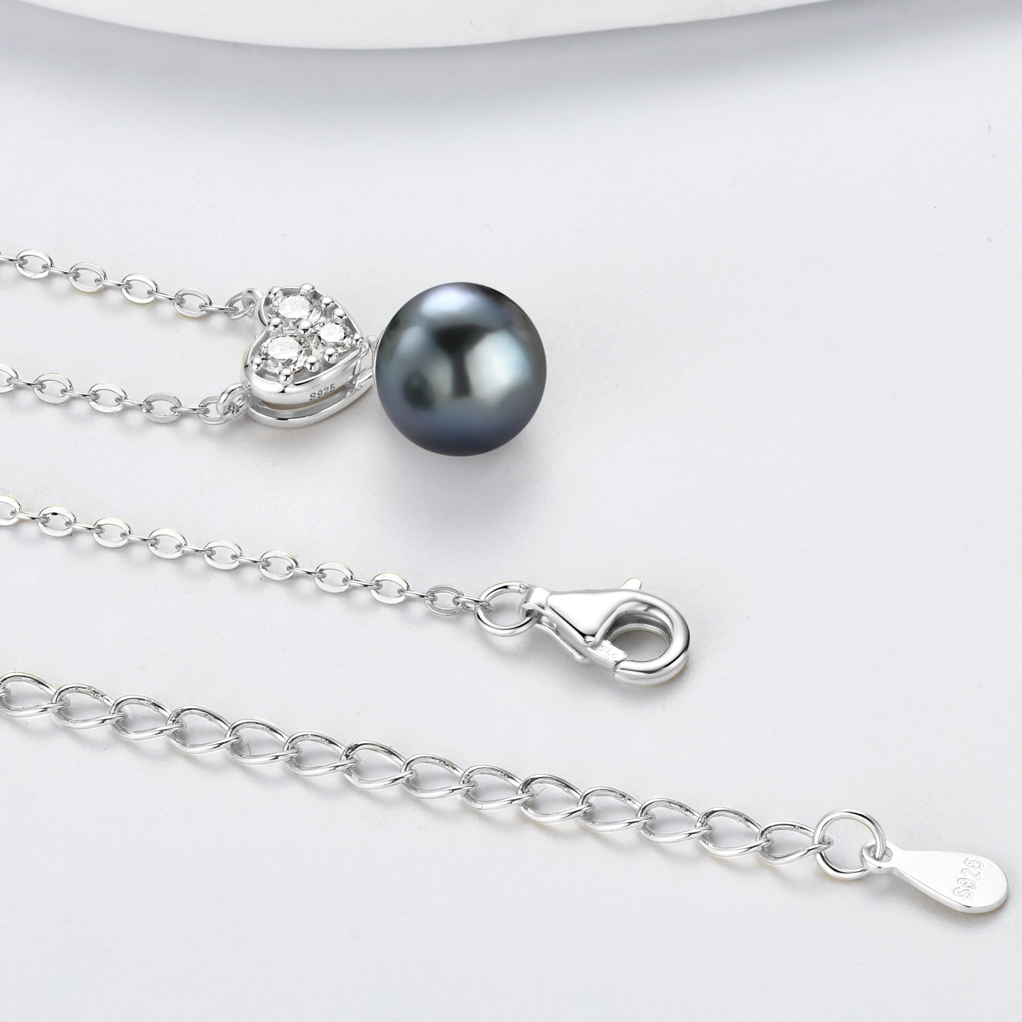 Tahitian Black Pearl Heart Necklace for Women - Sterling Silver Pearl Pendant with D Color Moissanite - Elegant Jewelry Gift for Wife, Mom, Birthday, Anniversary - Perfect for Weddings, Parties & Special Occasions