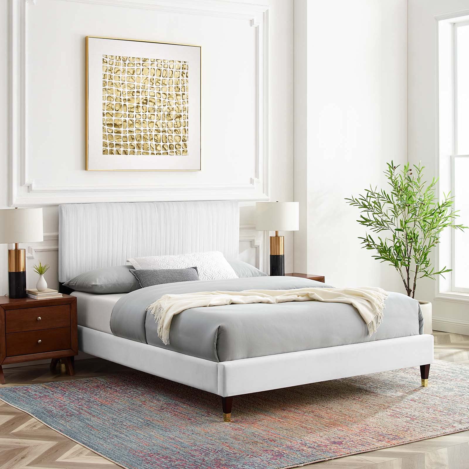 Modway Peyton Performance Velvet Full Platform Bed Frame - White Queen Size Bed with Upholstered Headboard & Sturdy Wood Slats Support | Perfect for Modern Bedrooms, Guest Rooms & Small Spaces