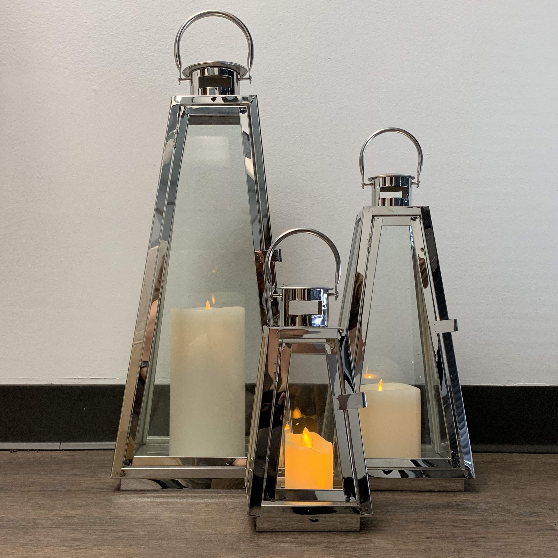 Allgala 3-Piece Jumbo 24-Inch Modern Lantern Set - Silver Chrome Stainless Steel Tapered Trapezoid Frame with Tempered Glass - Indoor/Outdoor Decorative Candle Holders for Garden, Patio, Fireplace, Wedding & Home Decor