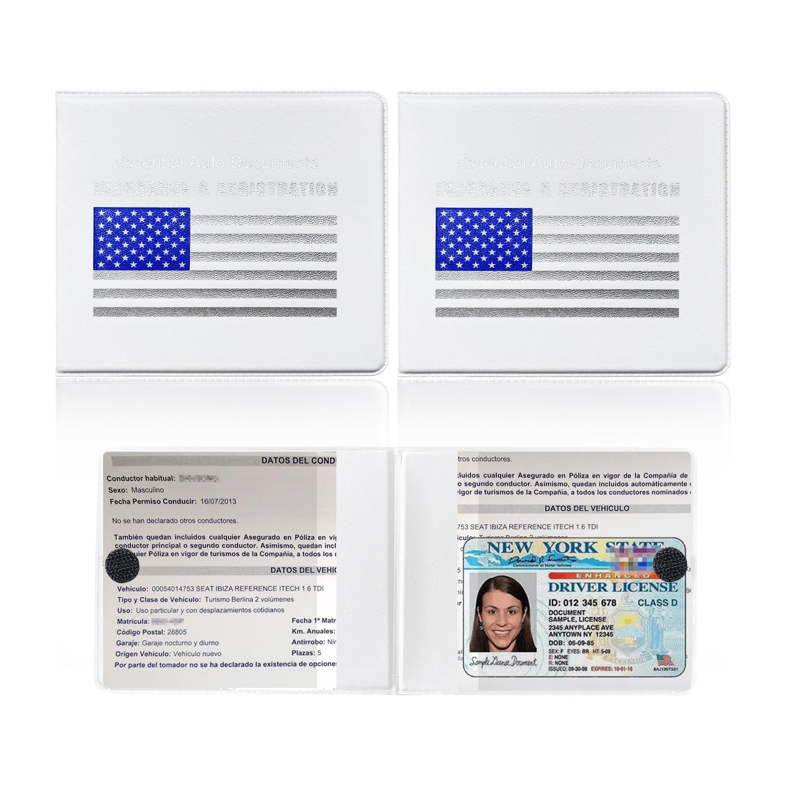 Ziciner 2-Pack Car Registration and Insurance Holder - Essential Auto Card Document Organizer with Velcro Closure for Glove Box - Perfect Vehicle Interior Accessories for Most Cars, Trucks, SUVs (White/Blue Flag) - Ideal for Road Trips, Daily Commutes and Document Storage