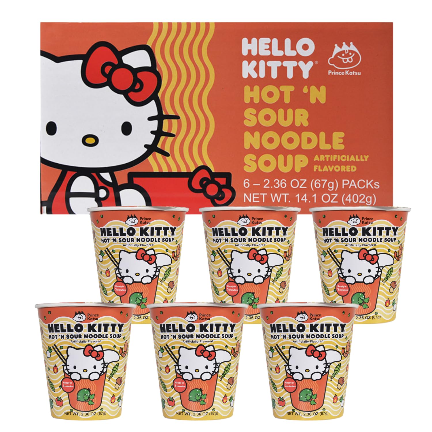 Hello Kitty Instant Ramen Noodle Cup 6 Pack - Hot & Sour Flavor Microwaveable Ramen Soup | Asian Snacks for Kids Lunch, Office Break & Quick Meals | Cute Kawaii Gift for Anime Fans