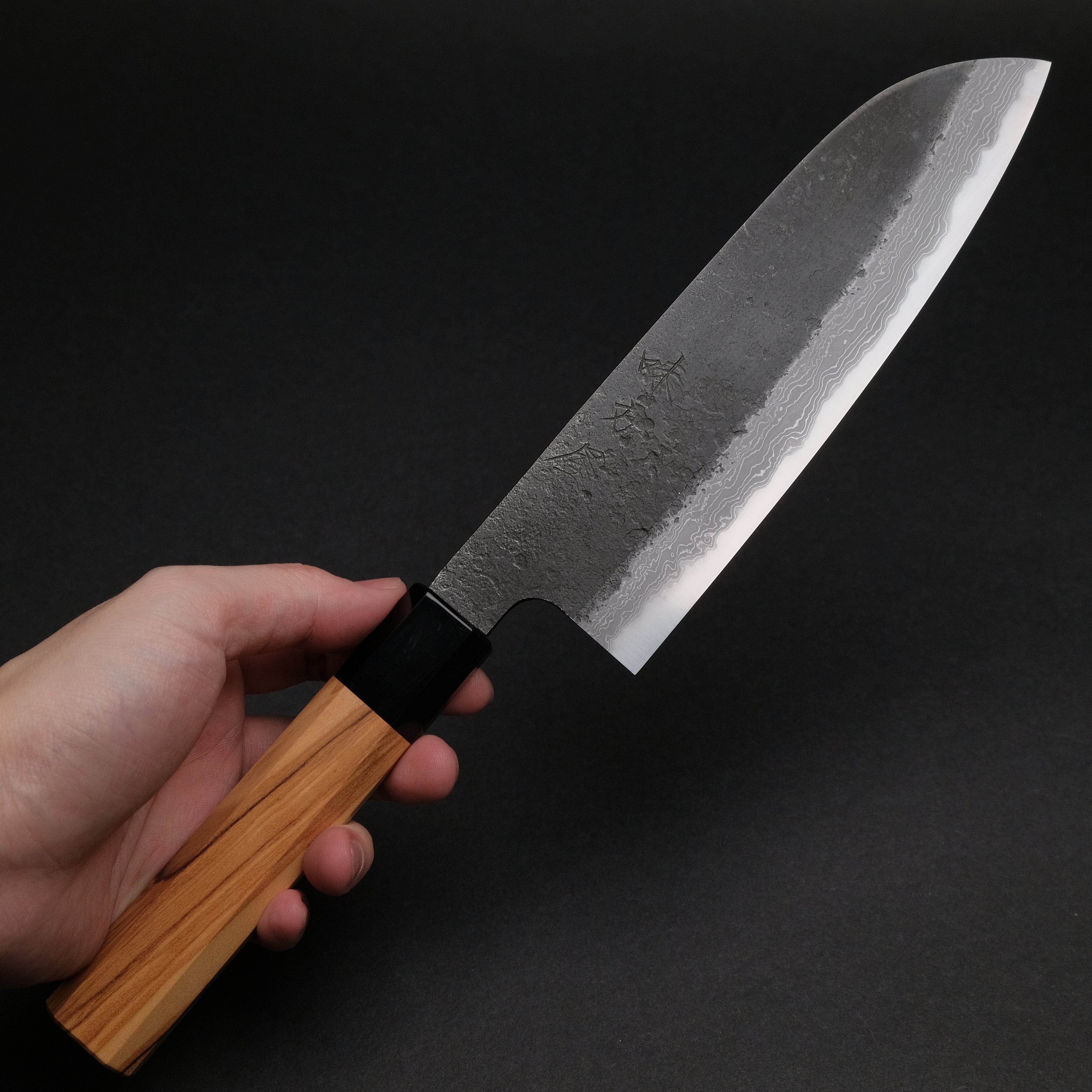 Premium Ajikataya White #2 Nashiji Damascus Santoku Knife 180mm - Olive Wood & Buffalo Horn Handle (#51) - Perfect for Sushi, Vegetables & Meat Cutting - Japanese Chef's Kitchen Essential