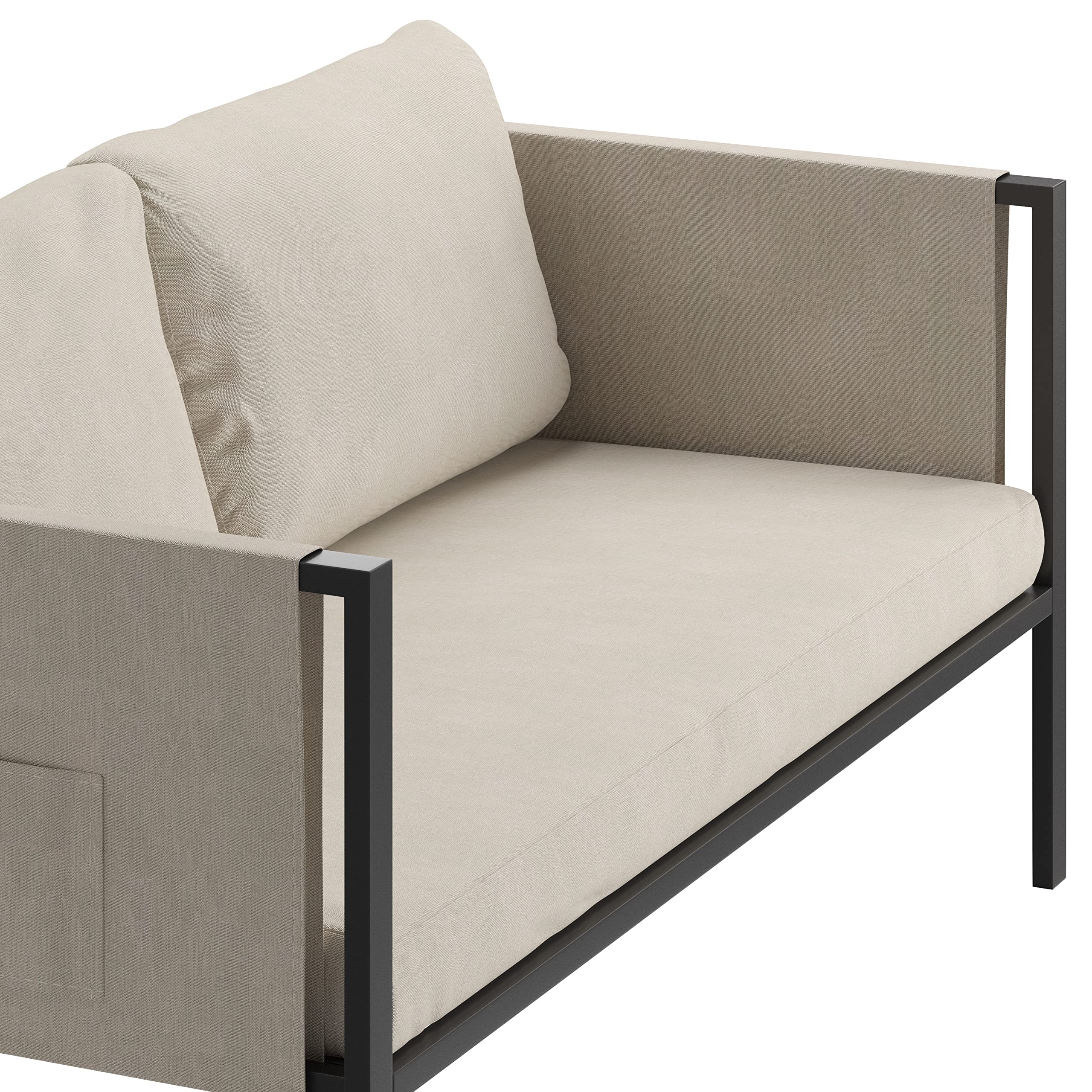 Modern Patio Loveseat with Cushions - Contemporary Black Frame & Beige Cushions - Storage Pockets - Zippered Removable Covers - Outdoor Furniture for Garden, Balcony & Backyard Relaxation