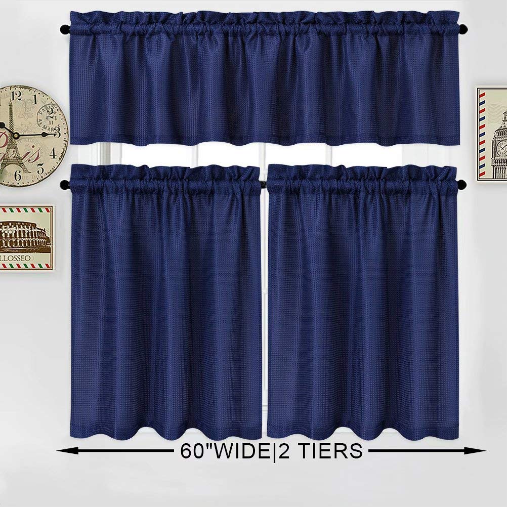 Waterproof Waffle Woven Half Window Curtains for Bathroom & Kitchen - Navy Blue Set of 2 (30
