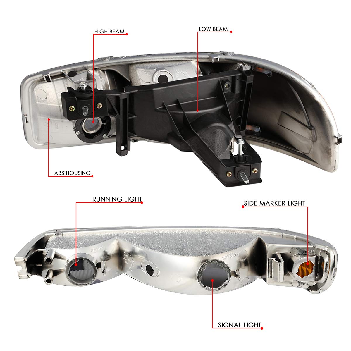 Auto Dynasty LED DRL Headlights for 1999-2007 GMC Sierra - 4Pcs Replacement with Bumper Lamps - Perfect for Off-Road & Night Driving