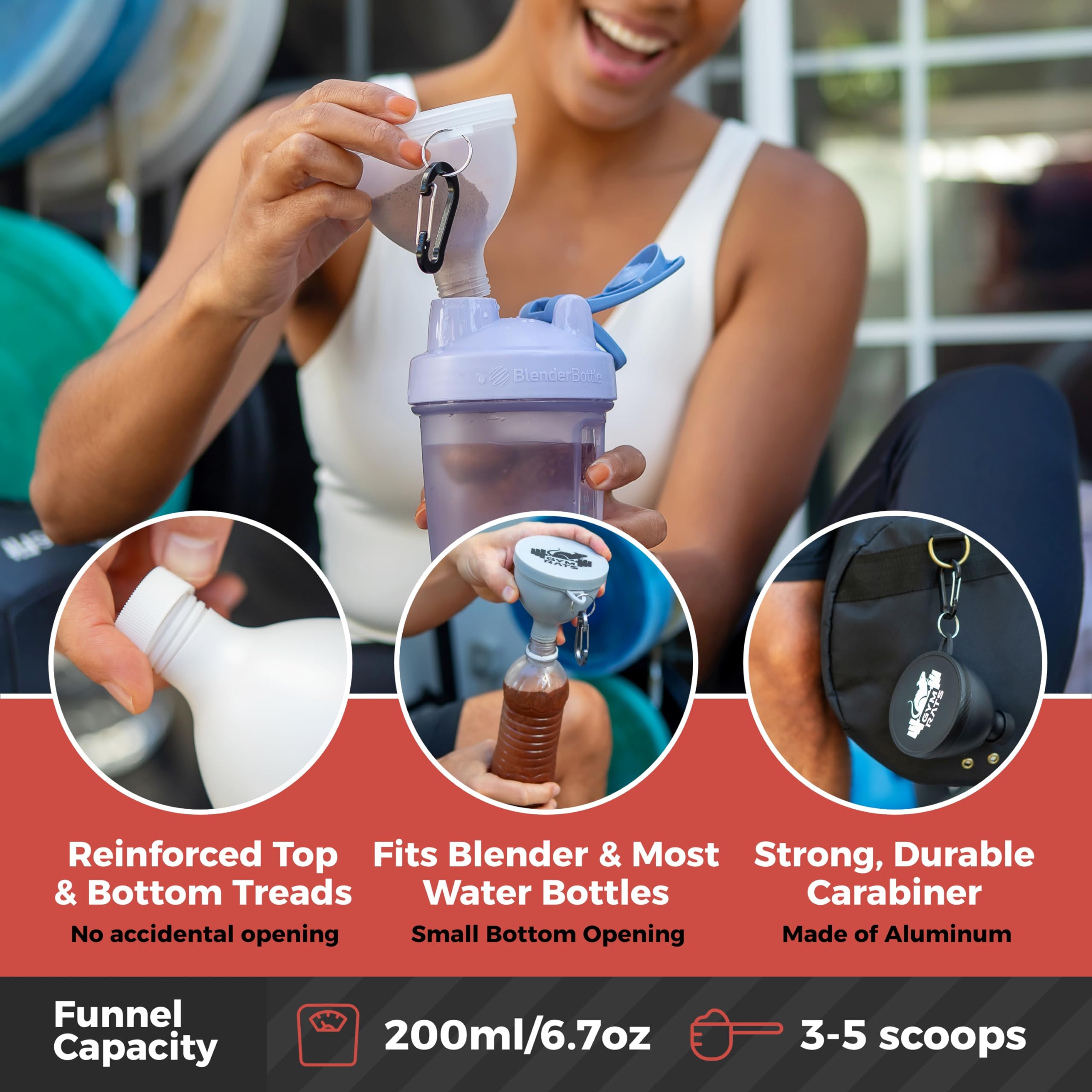 Premium Protein Powder Funnel Set - 4 Pack Leak-Proof Travel Containers with Carabiner & Reinforced Lids - Perfect for Gym, Workout Supplements & Shaker Bottles - Ideal for Bodybuilders & Fitness Enthusiasts On-The-Go