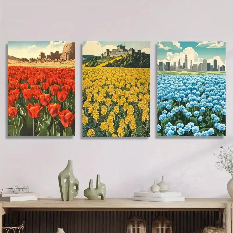 3-Piece Botanical Flower Field Metal Print Wall Art - Red & Yellow Floral Decor - Ready to Hang for Living Room, Bedroom or Office