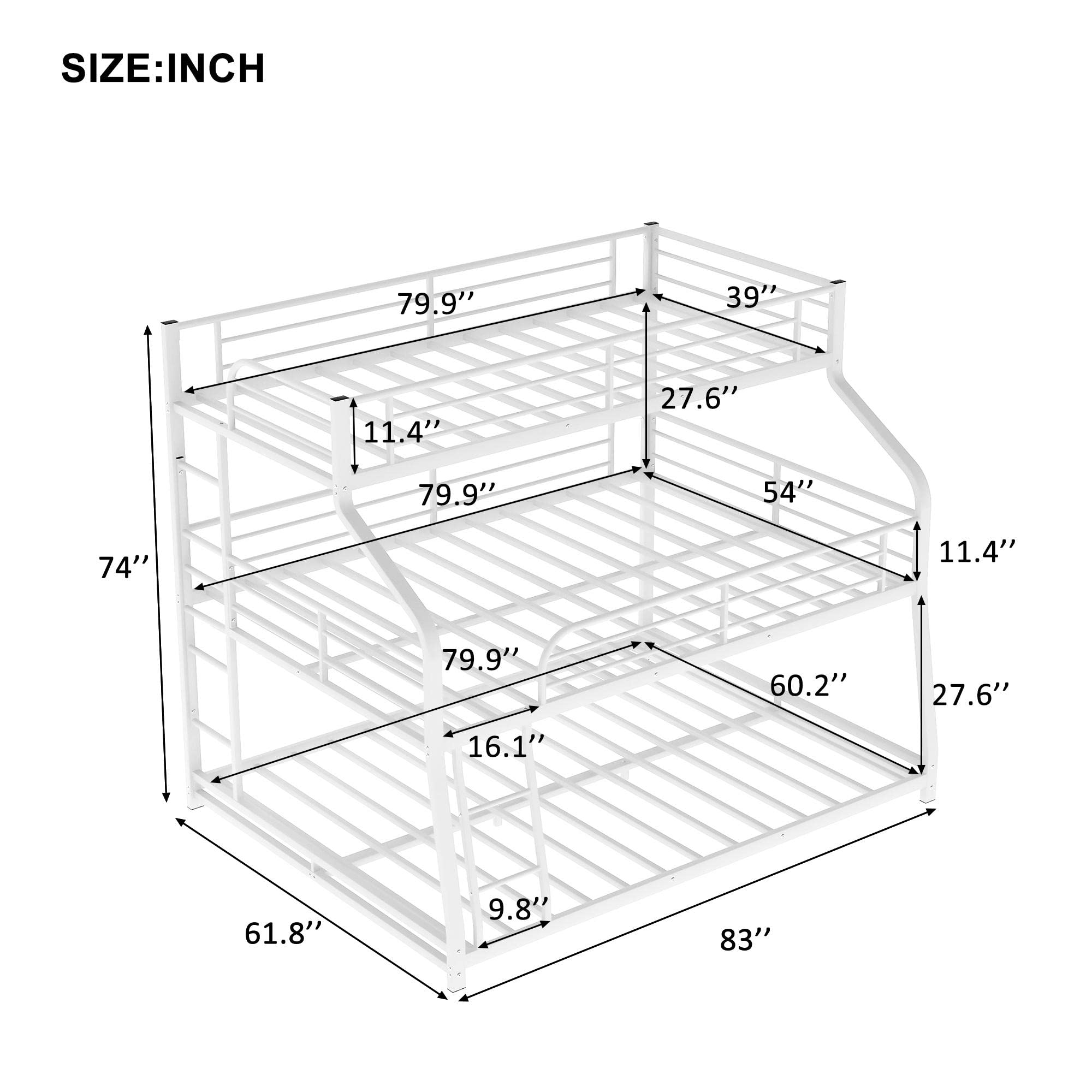 Twin XL/Full XL/Queen Triple Bunk Bed Frame with 2 Built-in Ladders & Full-Length Guardrail - Heavy Duty Metal Bunk Bed in White - Perfect for Kids' Rooms, Dormitories & Space-Saving Bedroom Solutions