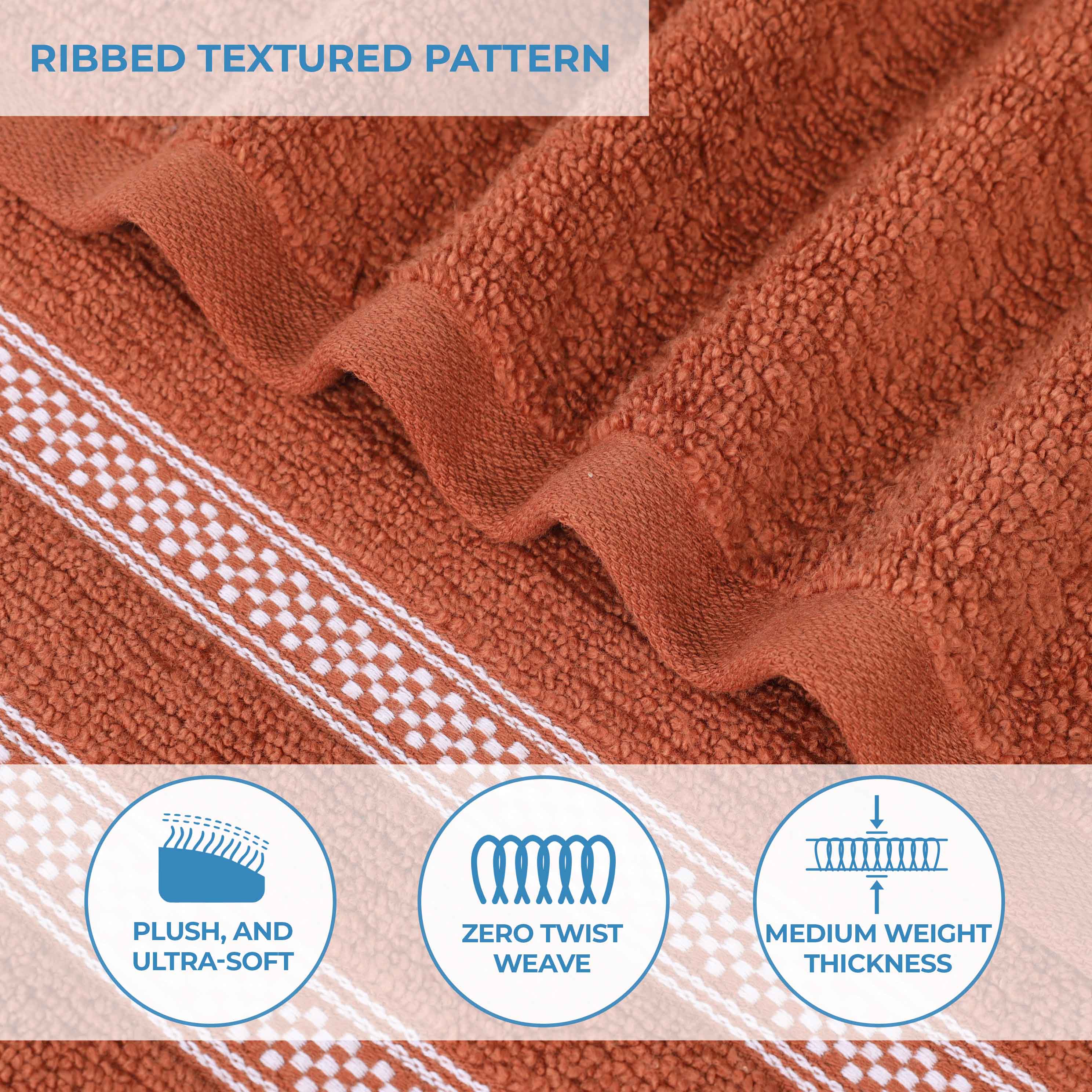 Premium Zero Twist Cotton Ribbed Geometric Border Plush 3-Piece Bath Towel Set - Ultra Soft & Absorbent for Spa, Bathroom & Luxury Home Use