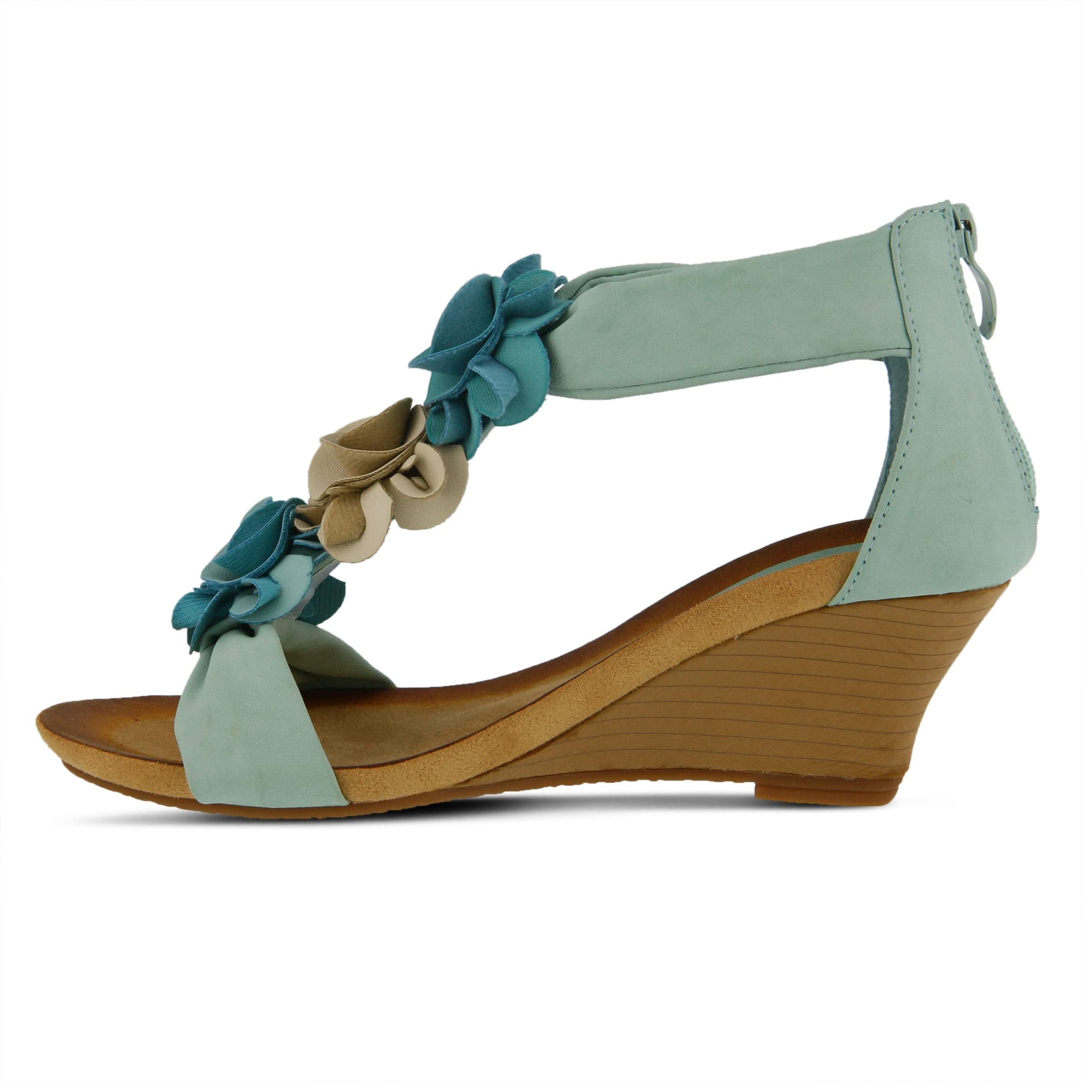 PATRIZIA Women's HARLEQUIN T-Strap Wedge Sandals with Floral Accents - Comfortable Back Zipper Design & Cushioned Footbed | Perfect for Summer Outfits, Beach Vacations & Casual Occasions