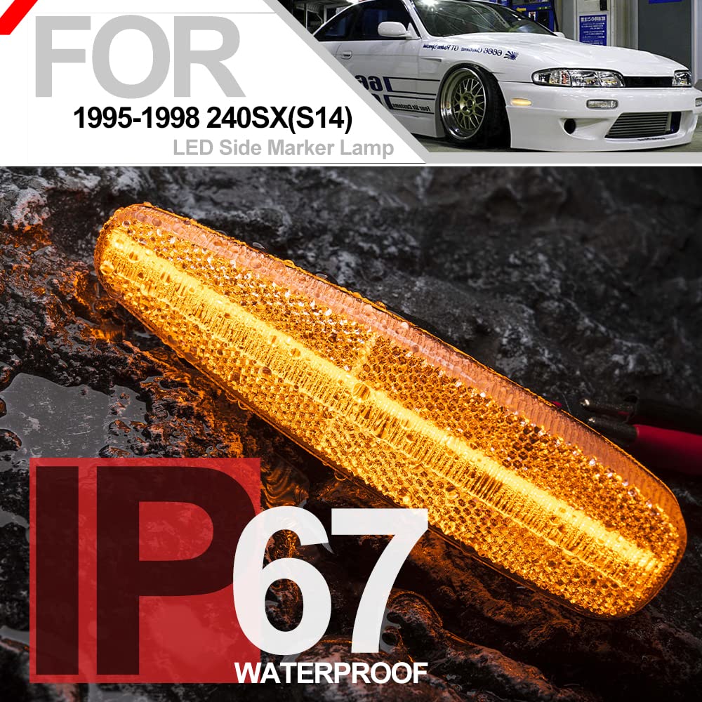 Amber LED Side Marker Lights for Nissan 240SX (S14) 1995-1998 - Clear Lens Front Bumper Turn Signals & Side Repeater Assembly - Perfect for Car Customization, Night Driving Safety, and Vehicle Upgrades