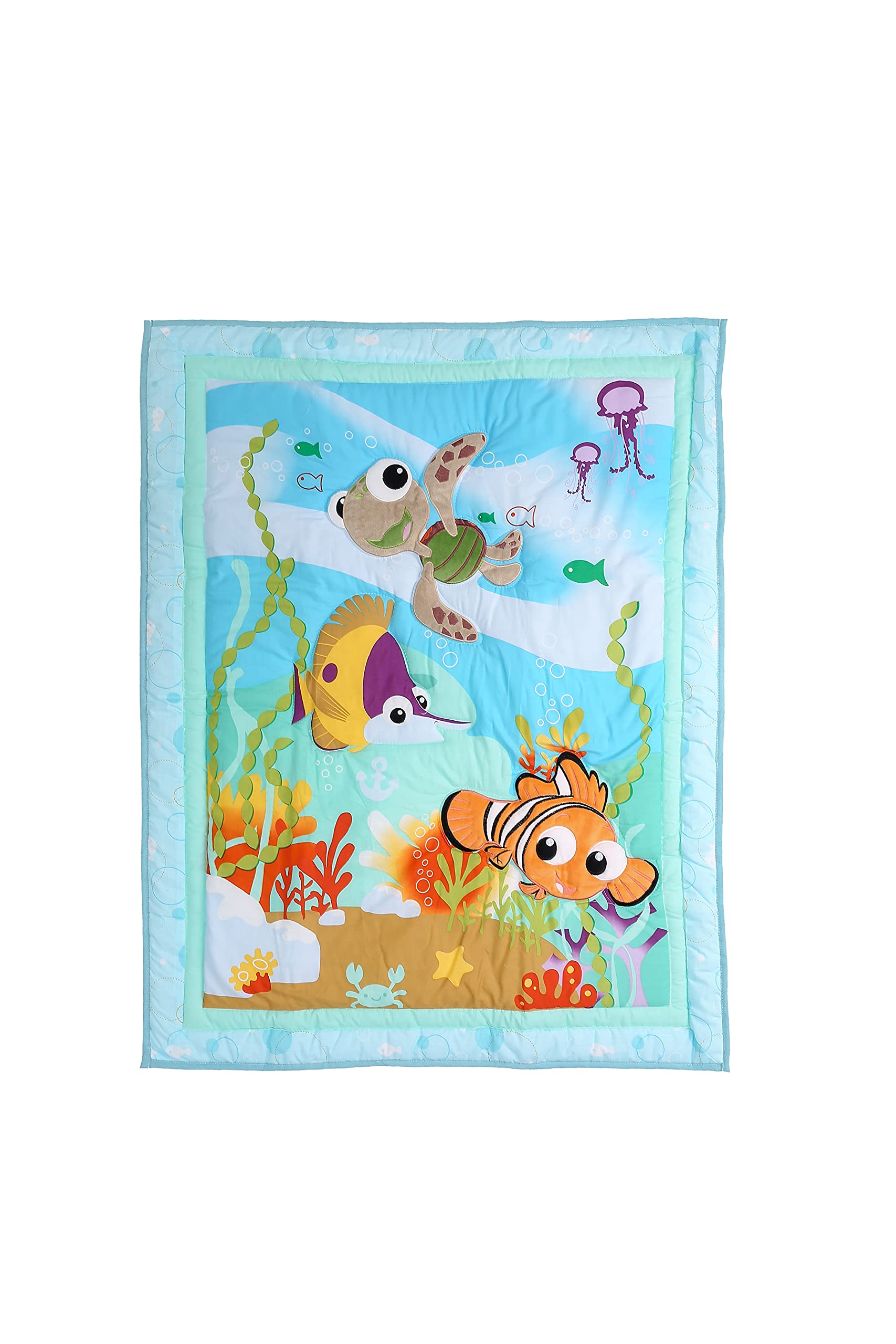 6-Piece Blue Ocean Theme Baby Boy Nursery Crib Bedding Set with Turtle & Clown Fish Embroidery - Includes Quilt, Fitted Sheet, Skirt & 3 Canvas Wall Decor (Blue, Brown, Green, Orange, 28x52 Inches) - Perfect for Coastal Nursery, Underwater Theme Bedroom & Newborn Gift