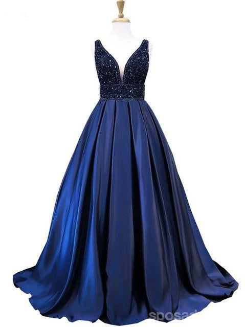 Elegant Navy Blue V-Neck Backless Beaded A-Line Long Evening Prom Dress - Custom Tailored for Special Occasions, Perfect for Weddings, Galas & Formal Events (Style 17403)