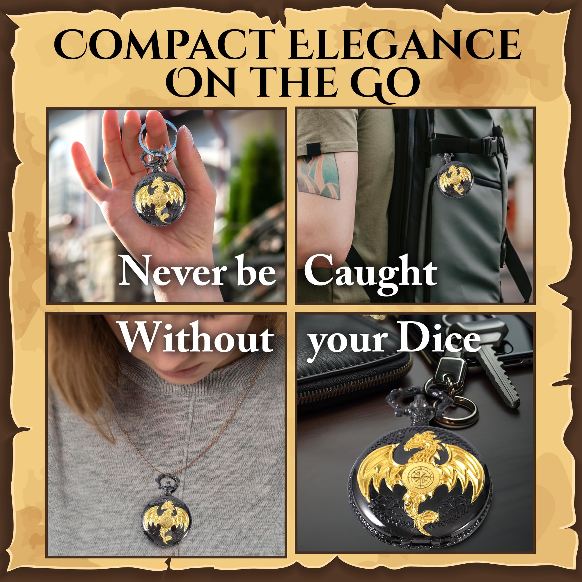 Premium Micro Metal Dice Set for DND RPG Games - MiniChrono's Dragon-Engraved Pocket Watch Case with Black Gold & Bronze Dice - Perfect Portable Dungeons & Dragons Accessory for Tabletop Gaming, Gifts & Travel