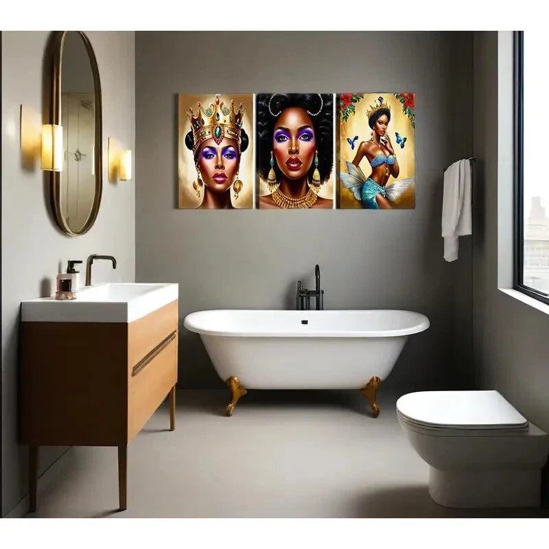 3-Piece Golden Black Girl Portrait Fashion Crown Metal Wall Art - Ready to Hang, Perfect for Bedroom, Living Room & Office Decor