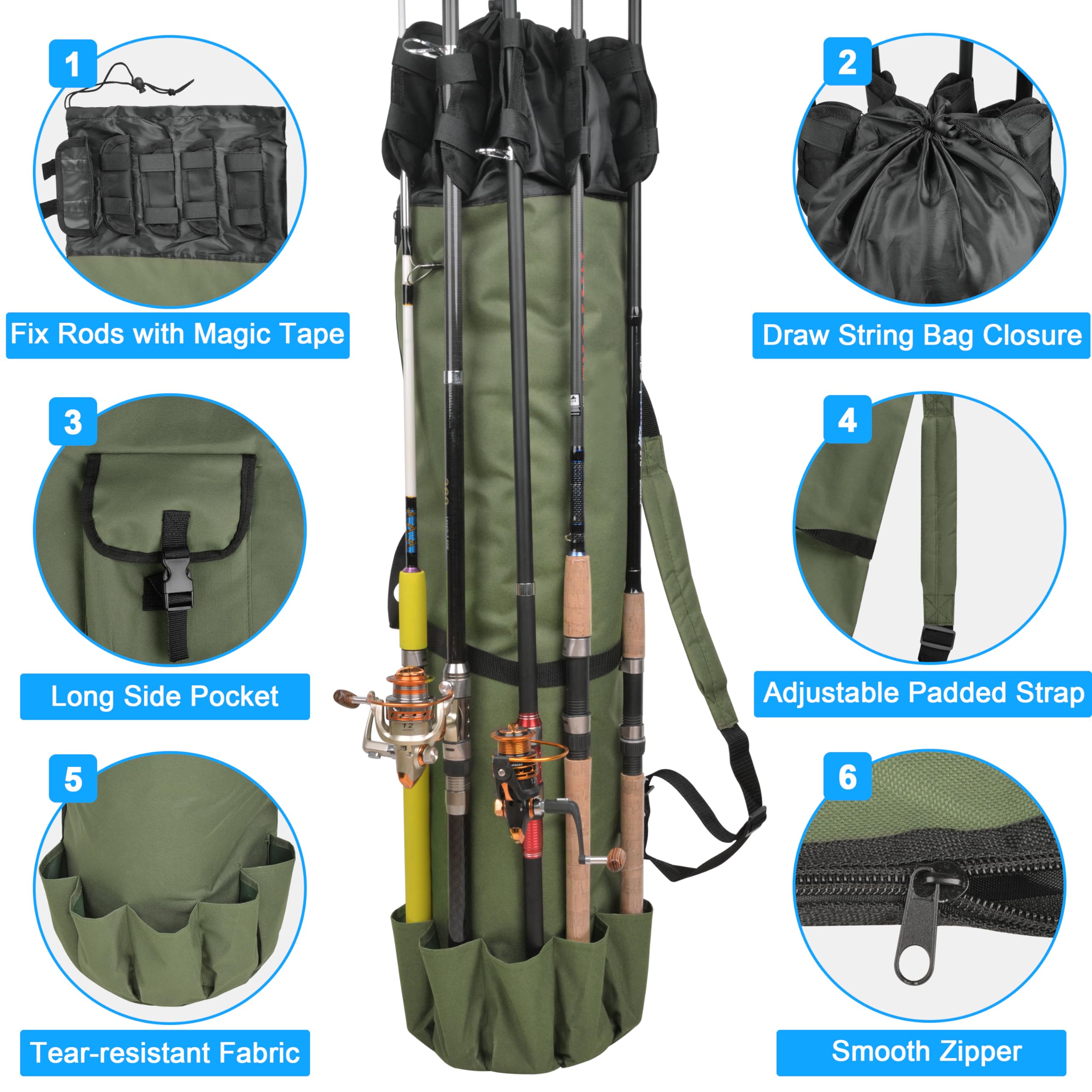 OROOTL Fishing Rod Bag - Durable Canvas Fishing Pole Case with Reel Organizer, Tackle Backpack & Rod Holder - Perfect for Travel, Storage & Outdoor Fishing Trips - Great Gift for Anglers & Fishing Enthusiasts