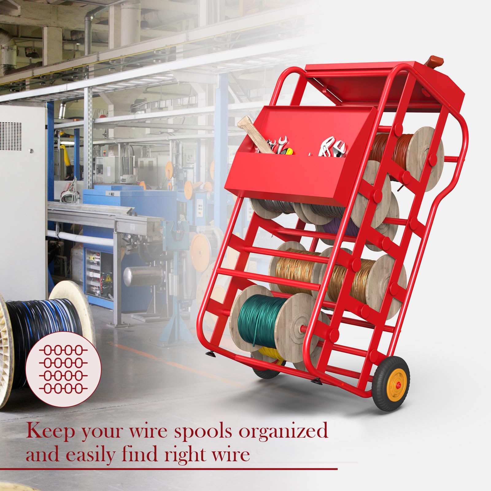 Heavy Duty Wire Spool Holder with Wheels - 6-Spool Electrical Cable Rack Dispenser with Storage Tray | Industrial Wire Organizer for Electricians, DIY Projects & Workshop Storage