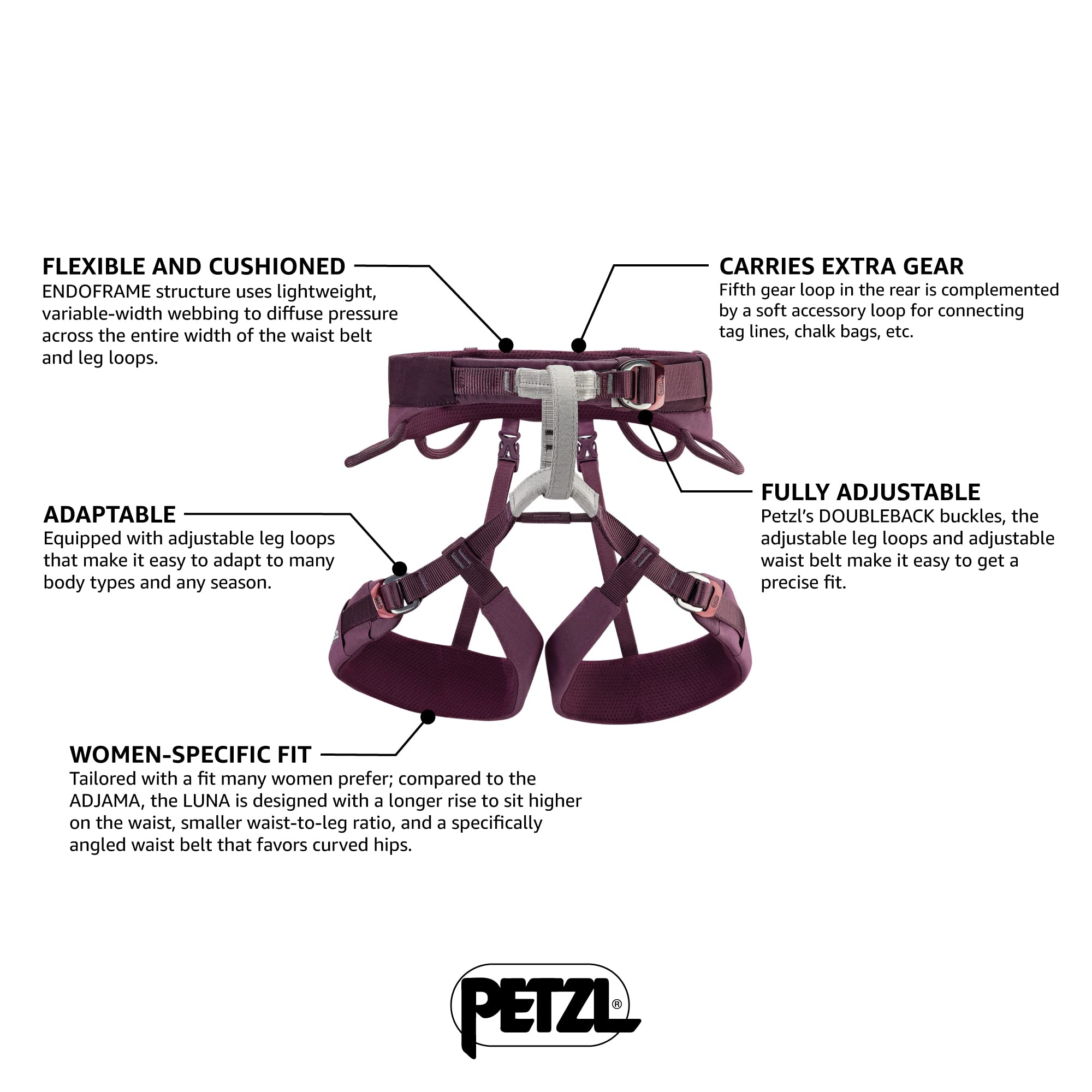 PETZL Luna Women's Adjustable Rock Climbing Harness - Lightweight Ice Climbing Gear for Single & Multi-Pitch Ascents - Violet - Perfect for Outdoor Adventures & Gym Training