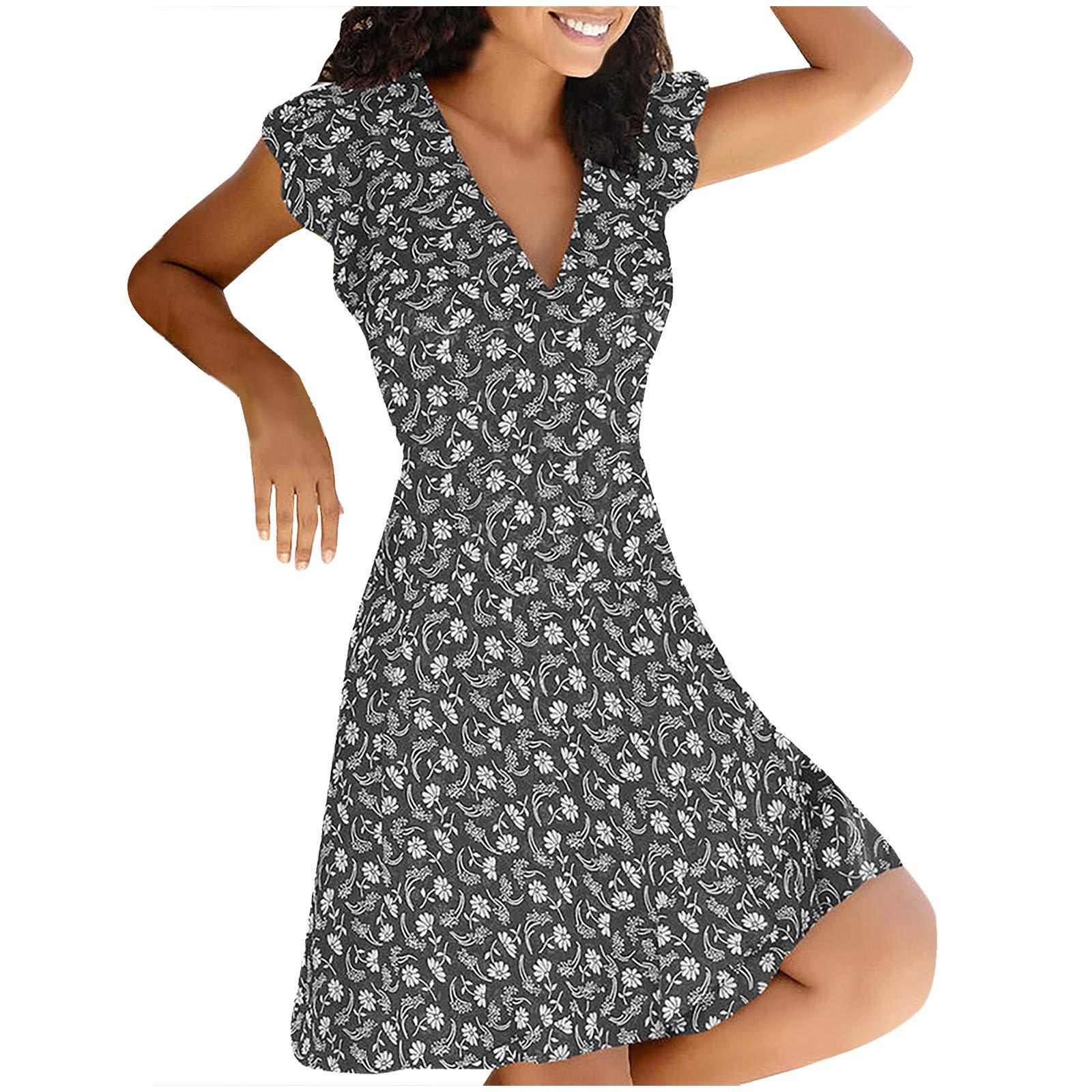 REFFG Women's Summer Floral Print Puff Sleeve Dress - Tie Neck, Elastic High Waist, Swing Mini Sun Dress for Beach Vacation, Date Night & Outdoor Party