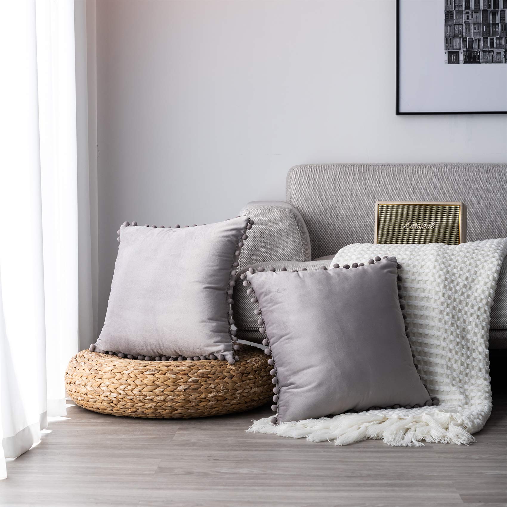 Luxury Grey Velvet Throw Pillow Covers 16x16 Inches with Decorative Pom-Poms - Soft Solid Cushion Covers for Sofa, Couch, Bedroom & Car Decor (Set of 2) - Perfect for Home Styling, Cozy Living Room & Comfortable Travel Accessories