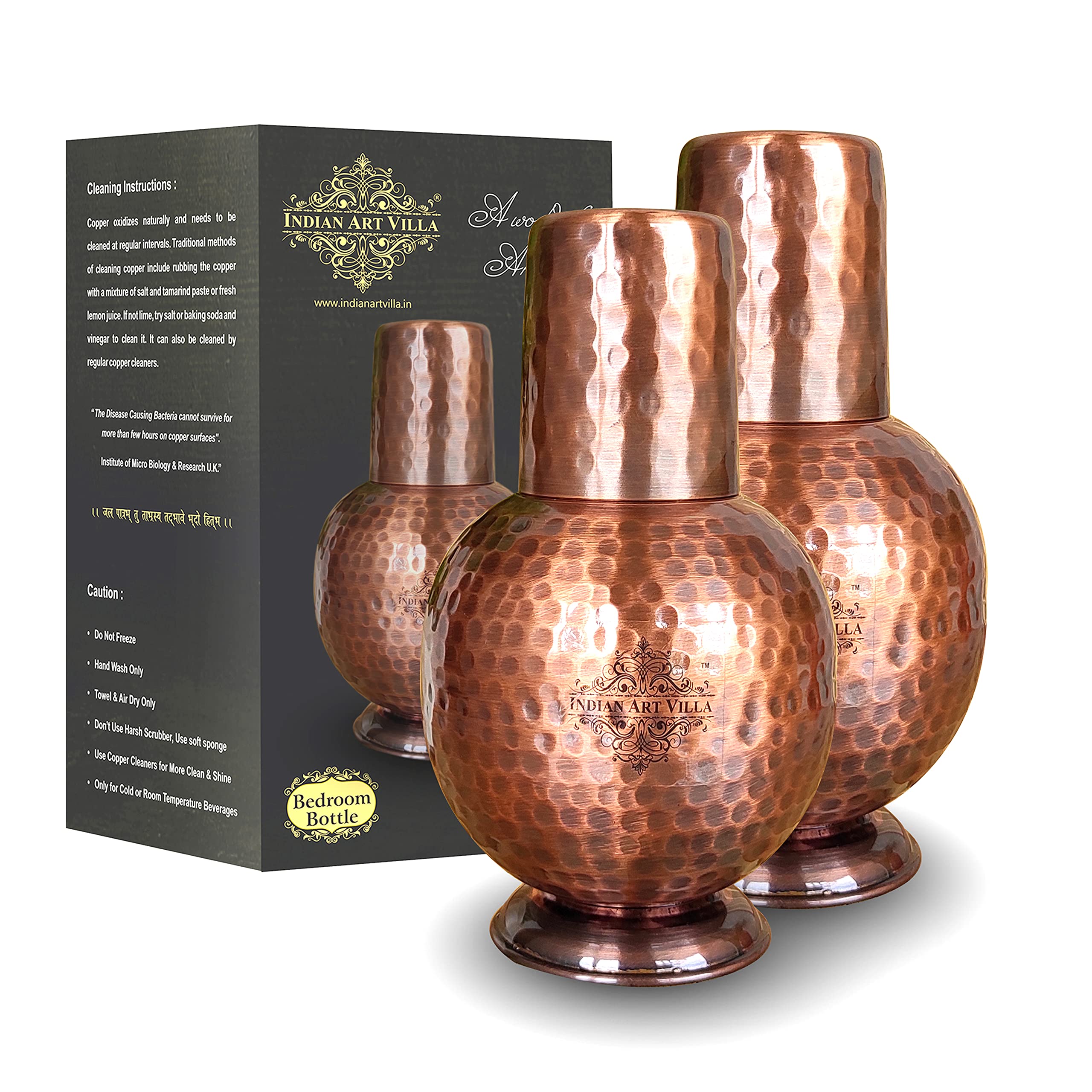 Pure Copper Water Bottle with Inbuilt Glass & Antique Surahi Design - 25oz (Pack of 2) | Indian Art Villa | Elegant Drinkware for Bedroom, Office & Travel | Ayurvedic Health Benefits