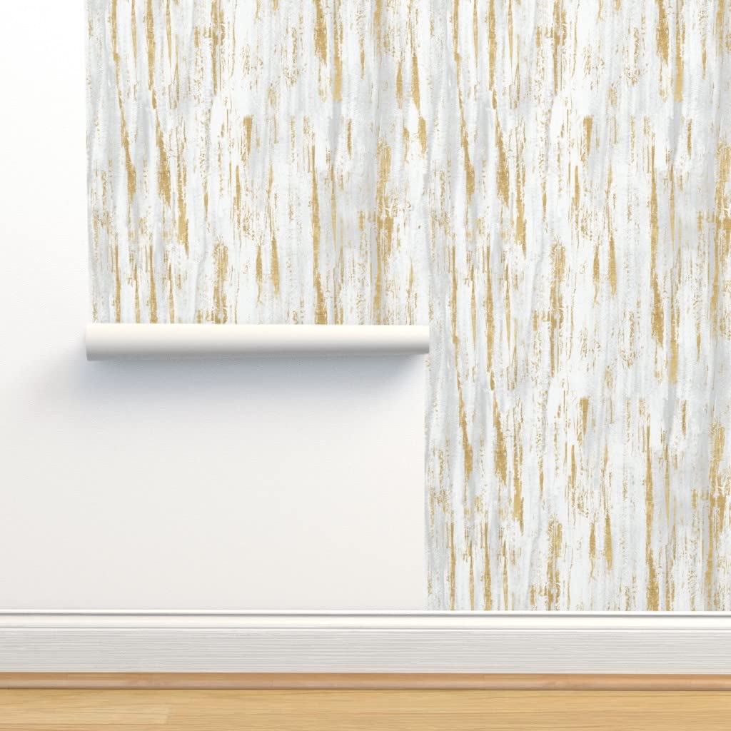 Peel & Stick Wallpaper 9ft x 2ft - White Birch Gold Gray Neutral Distressed Custom Removable Wallpaper by Spoonflower | Perfect for Bedroom, Living Room, Nursery & Office Decor