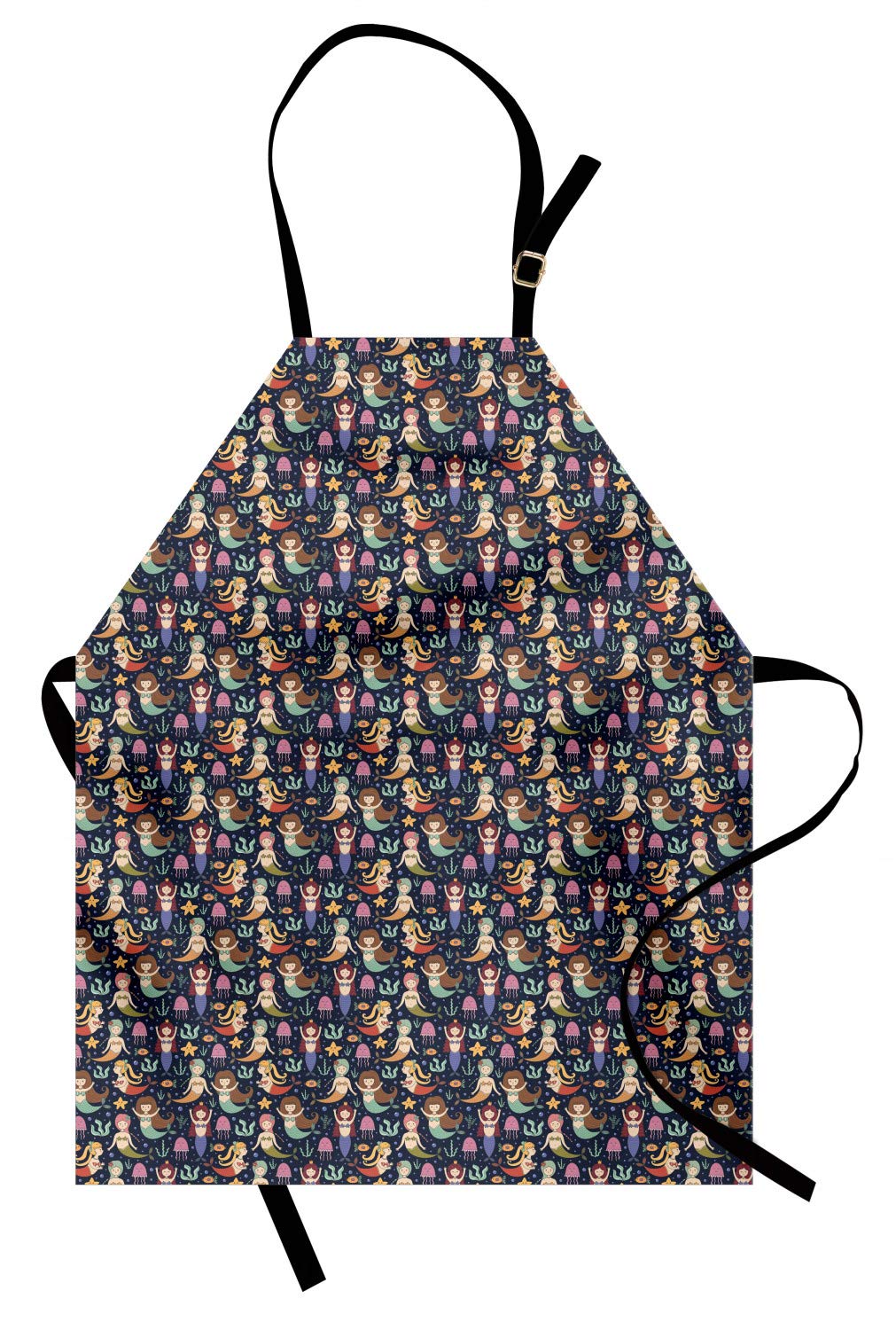 Ambesonne Mermaid Apron - Funny Cartoon Ocean Girls with Colorful Tails Design, Adjustable Neck Unisex Kitchen Bib for Cooking, Baking, Gardening - Adult Size Multicolor - Perfect for Home Chefs, BBQ Parties & Themed Events