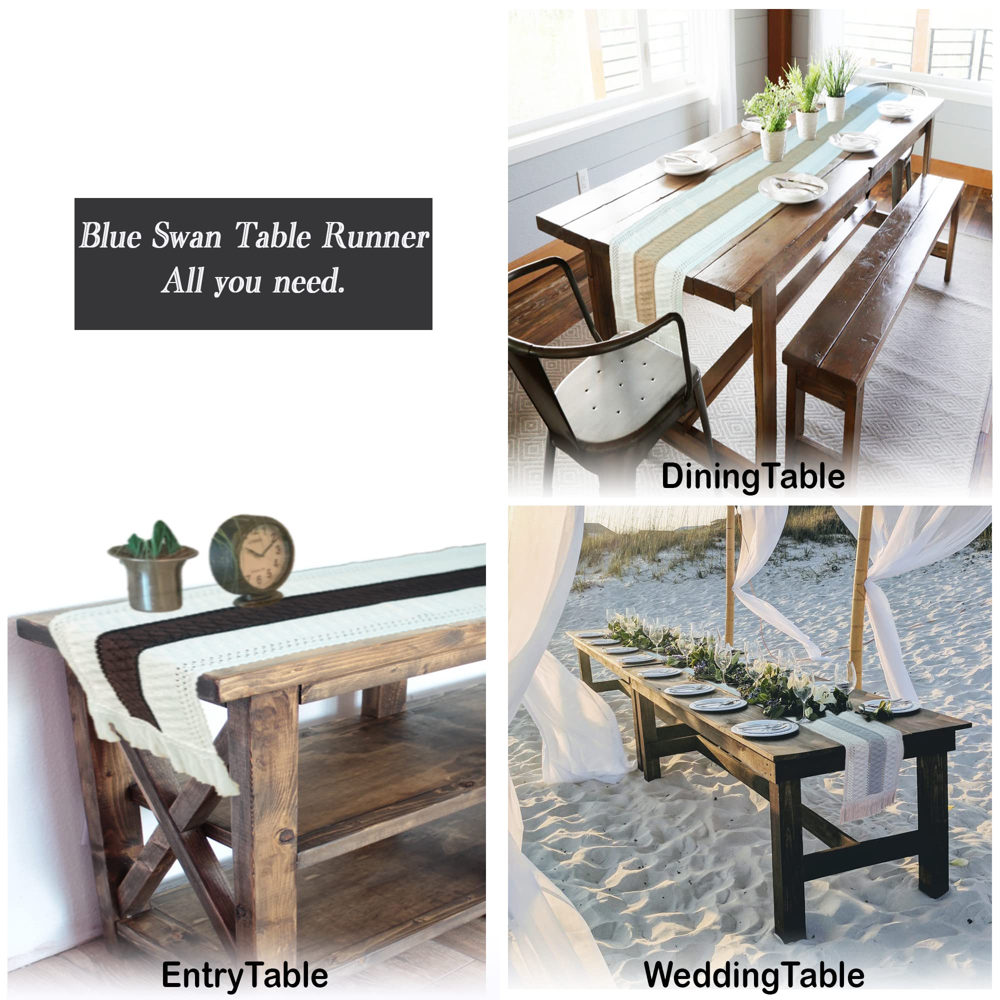 Blue Swan 72 Inch Woven Boho Table Runner - Off White & Light Brown Farmhouse Dining Table Decor - Macrame Coffee Table Runner for Rustic & Modern Home Decor (12.5 x 72 Inches) - Perfect for Weddings, Dinner Parties & Boho Chic Living Rooms