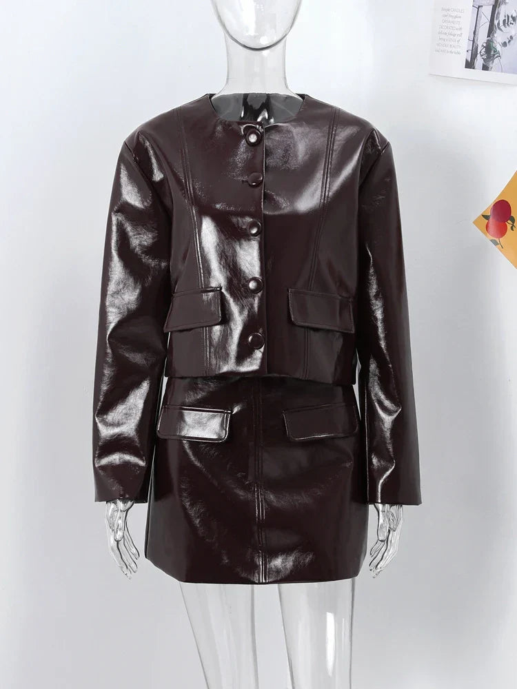 Women's Fashion Leather Coat & Skirt Set - Autumn Winter O-Neck Long Sleeve Single Breasted Jacket with Mini Skirt Two Piece Outfit for Ladies | Office Wear, Date Night, Holiday Party Outfits