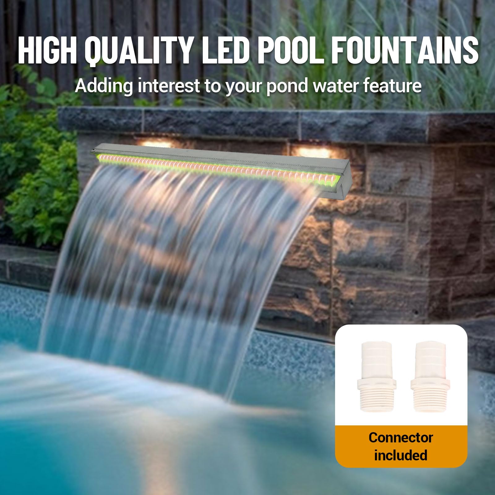 GARVEE 36x4.7x3.2 Inch Stainless Steel Pool Waterfall with LED Lights | Outdoor Water Fountain & Rectangular Spillway for Pools, Gardens | Premium Remote Control LED Water Feature for Backyard, Patio Decor