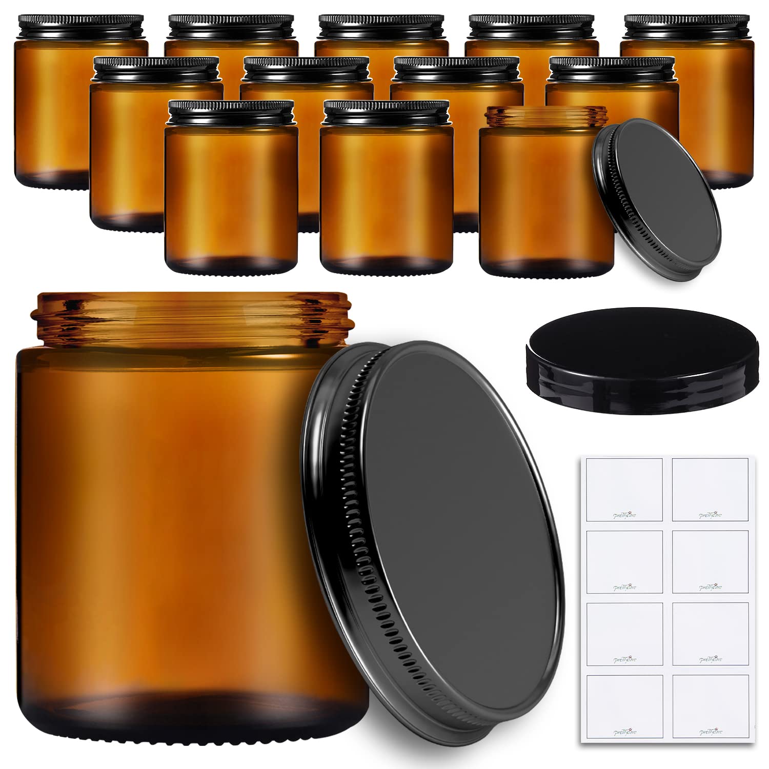 8 oz Amber Glass Candle Jars with Lids - 12 Pack Round Leakproof Containers for DIY Candle Making, Food Storage, Spices, Liquids & Lotions - Perfect for Home, Kitchen & Bathroom Organization