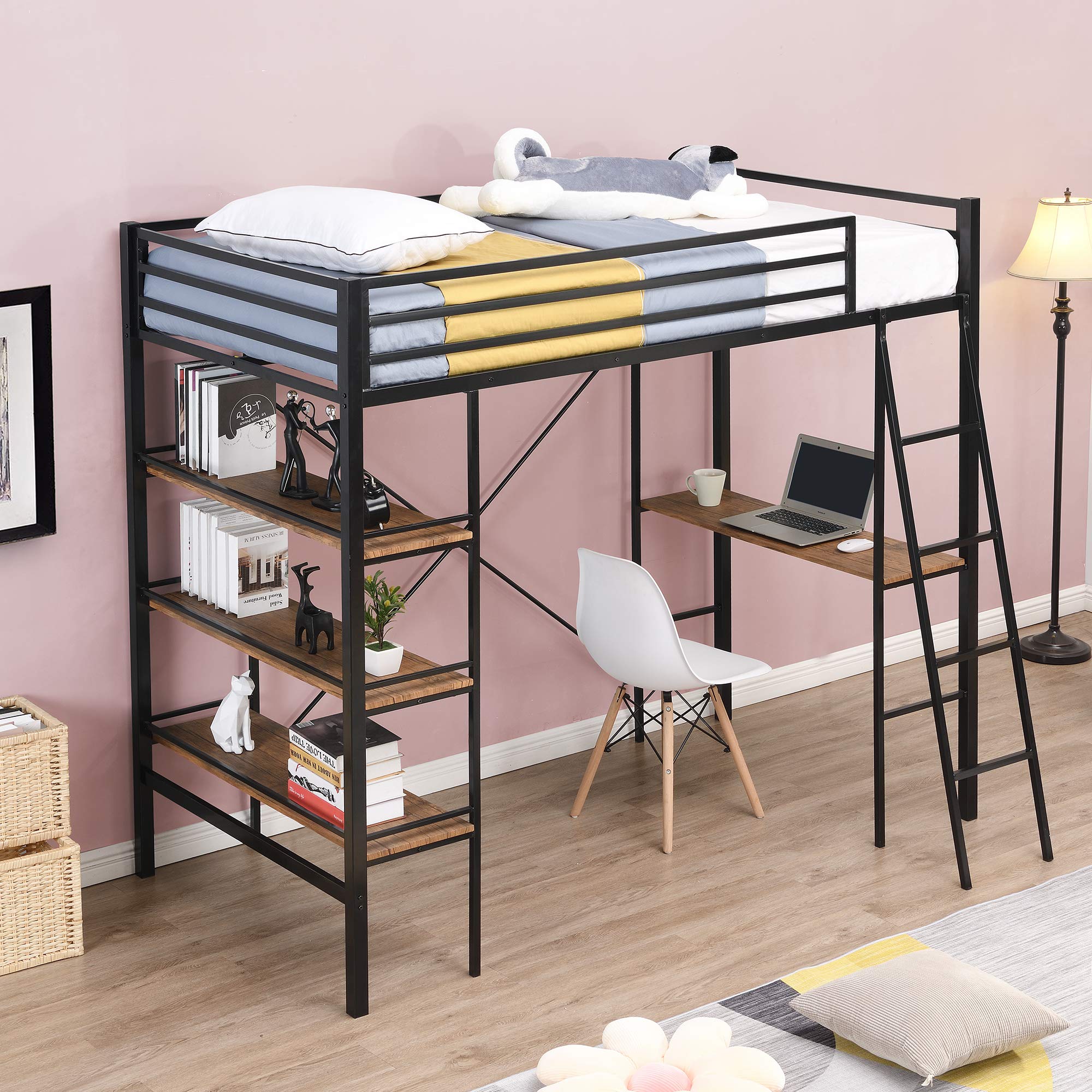 Metal Twin Loft Bed with Storage Shelf & Desk - Full-Length Guardrail, Space-Saving Design - No Box Spring Needed - Perfect for Kids Rooms, Dorms & Small Apartments