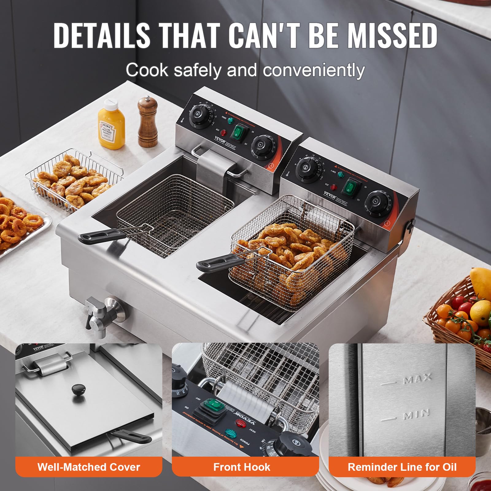 VEVOR 3000W Commercial Dual Tank Electric Deep Fryer with Basket, 2 x 11.6Qt/11L Stainless Steel Oil Fryer with Drain, Timer & Temperature Control - Perfect for Restaurants, Fast Food Shops, and Home Kitchen Use