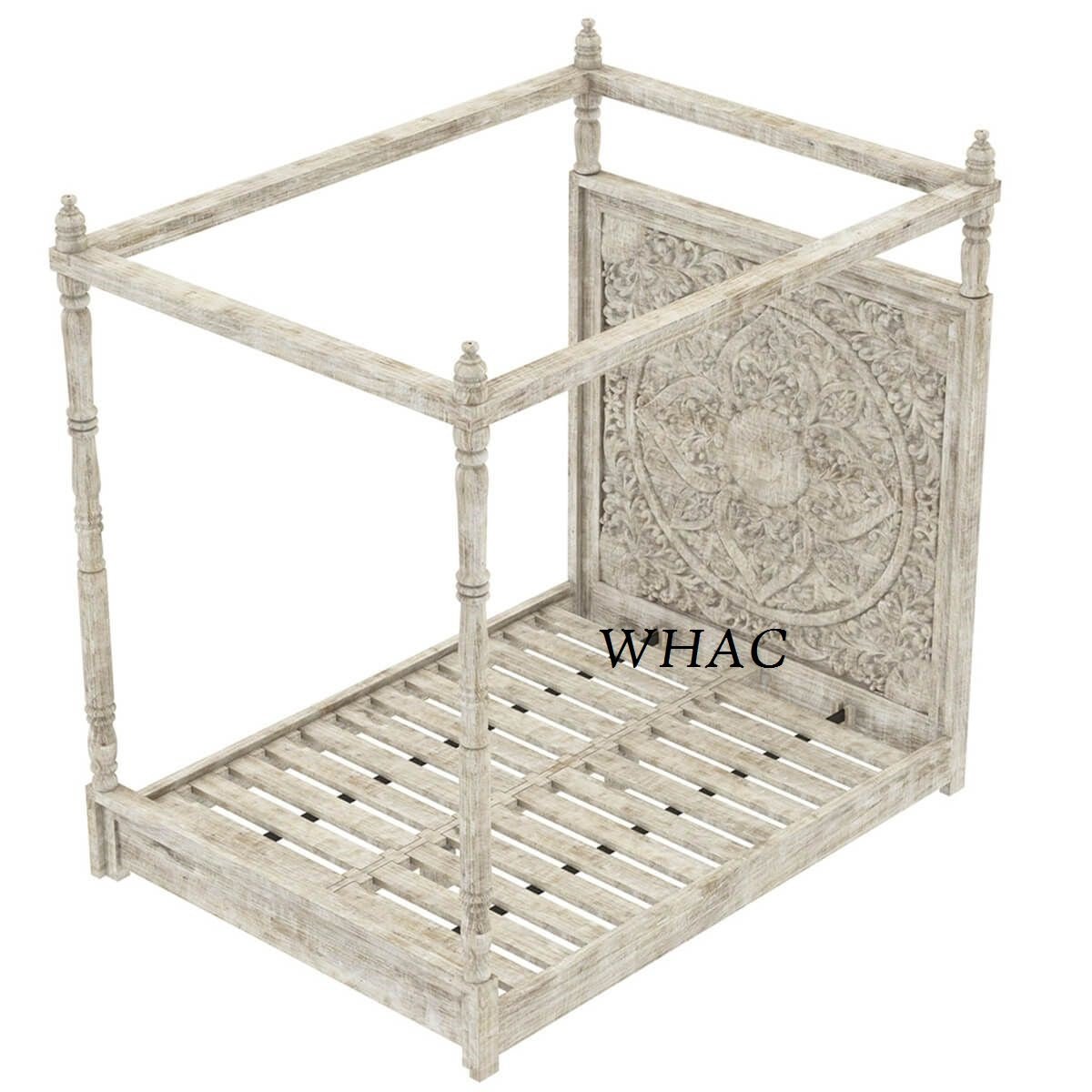 Hand Carved Solid Wood Canopy Platform Bed with Headboard - Queen Size Bed Frame for Master Bedroom, Rustic Wooden Bed for Farmhouse & Bohemian Style Bedrooms