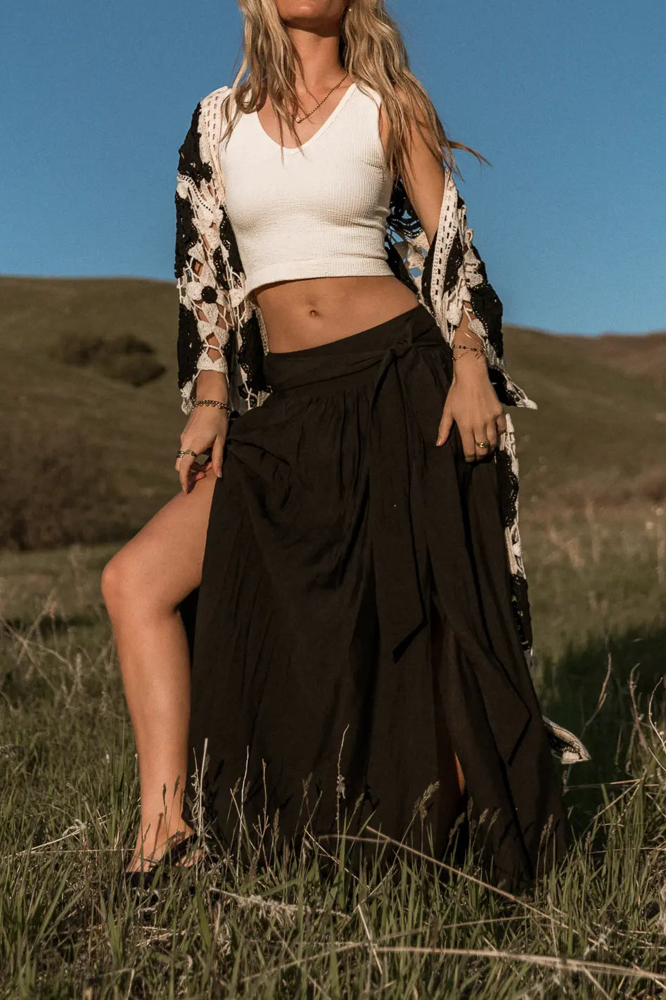 Kiri Double Slit Black Skirt for Women | Elegant High Waist Flowy Midi Skirt | Perfect for Office, Date Night & Evening Events