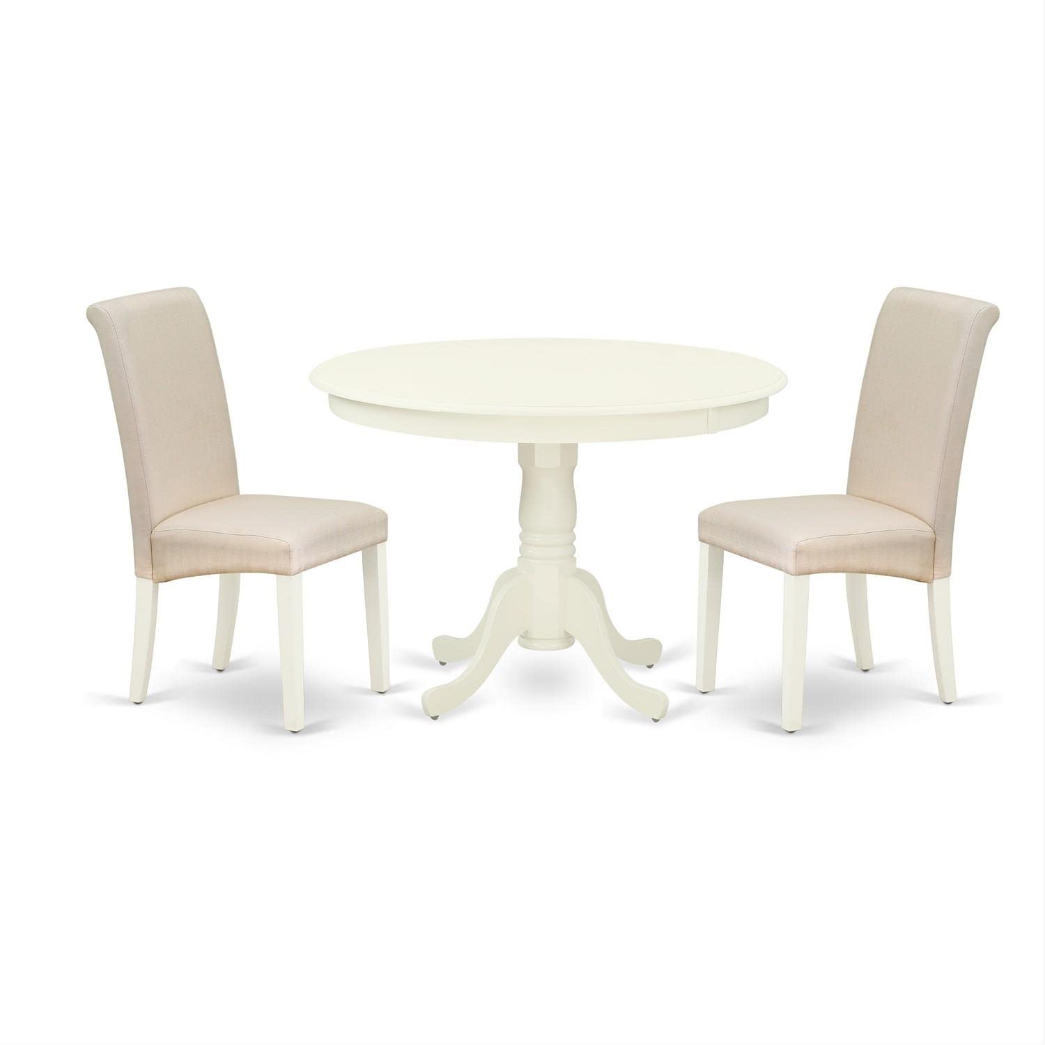 East West Furniture HLBA3-LWH-01 3-Piece Round Dining Set with Pedestal Table & 2 Cream Linen Parsons Chairs, 42x42 Inch, Linen White - Perfect for Small Spaces, Breakfast Nooks & Cozy Apartment Dining