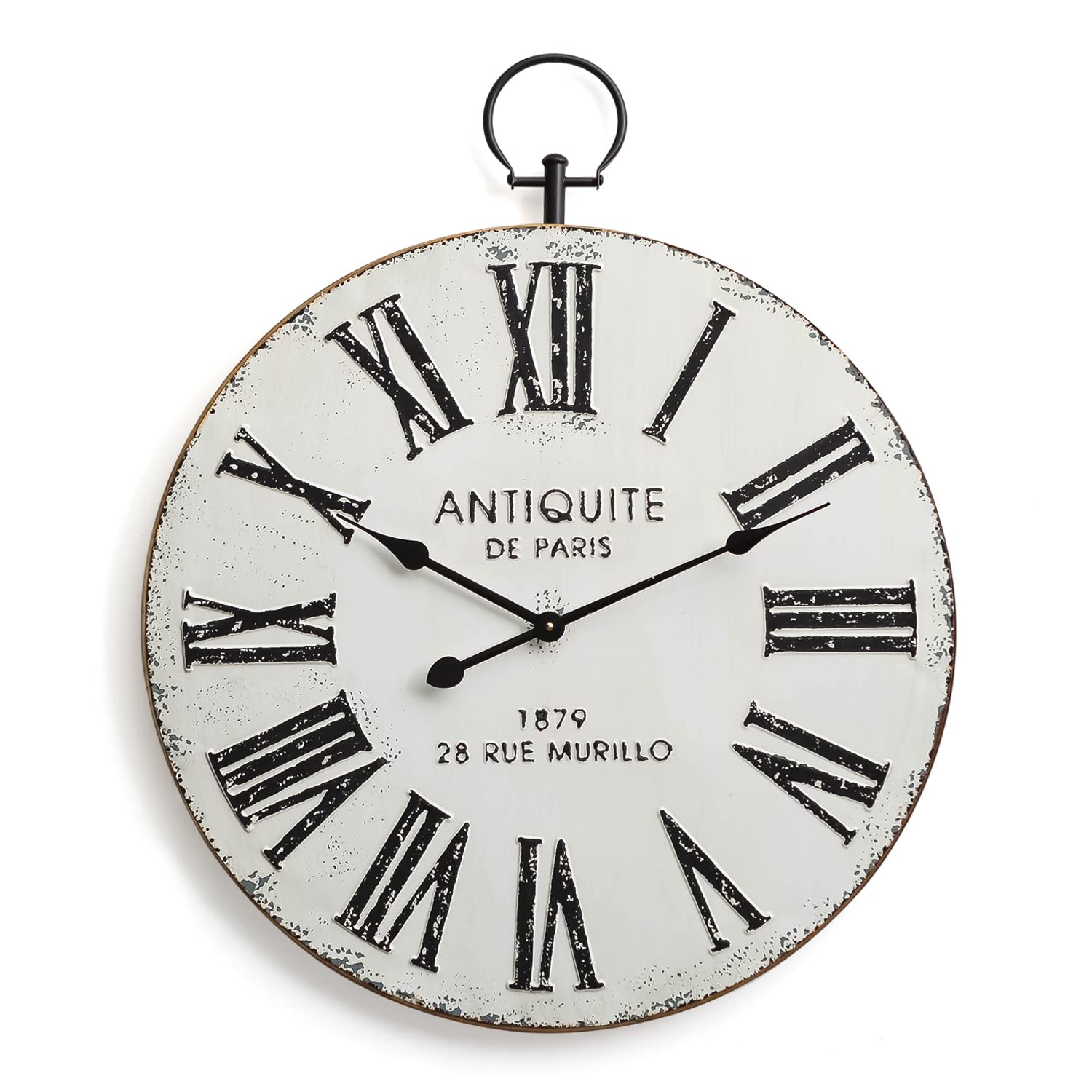 Vintage Distressed White Metal Wall Clock - 24 Inch Silent Non-Ticking Large Decorative Iron Clock for Living Room, Bedroom & Office - Industrial Farmhouse Home Decor