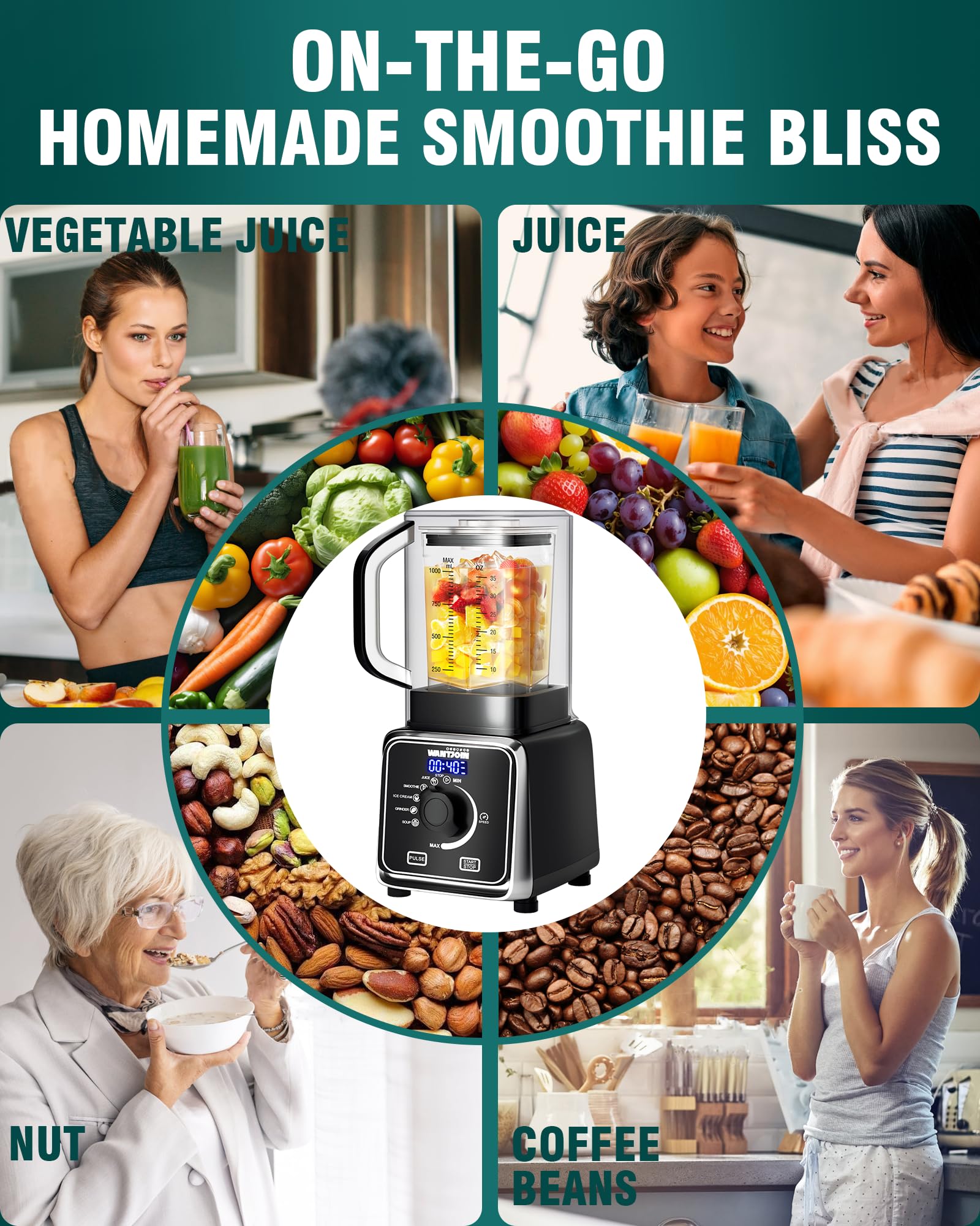 WantJoin Professional Blender for Kitchen - 9-Speed Quiet Blender with Sound Shield, 5 Functions & Easy Cleaning, 34oz/1L Capacity for Smoothies, Milkshakes, Juices - Perfect for Home, Gym & Healthy Lifestyle