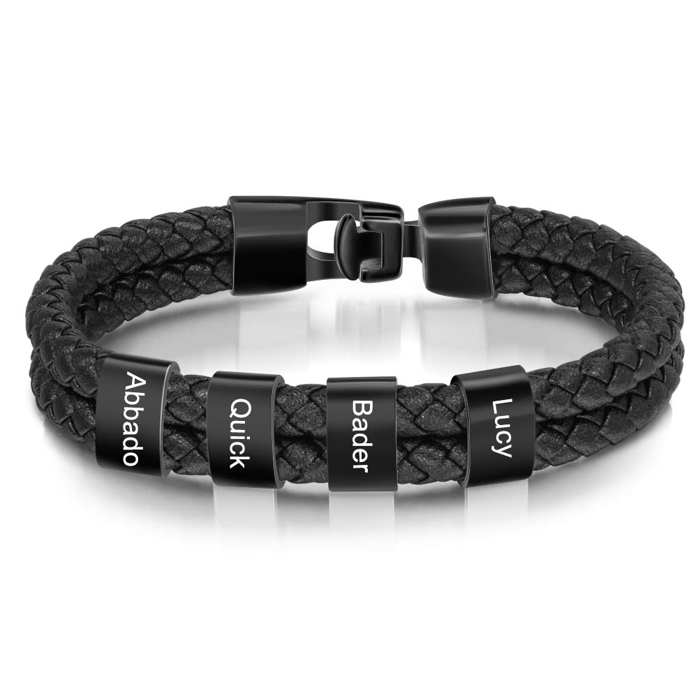 Custom Engraved Men's Leather Bracelet - Personalized Black Braided Cuff with 1-8 Name Beads | Unique ID Bracelet for Men | Perfect Gift for Father's Day, Anniversary & Everyday Wear