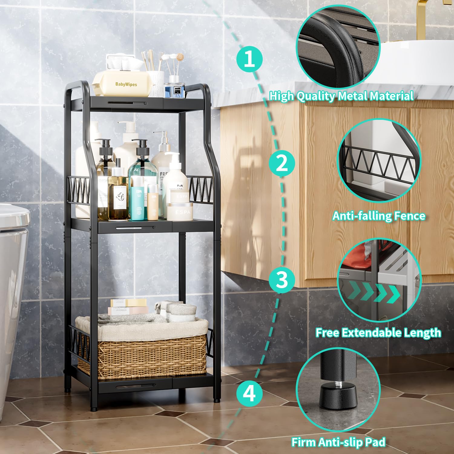 HapiRm 3-Tier Expandable Narrow Bathroom Shelf Organizer - Free Standing Metal Storage Rack for Bathroom, Kitchen & Laundry - Space Saving Slim Cabinet for Toiletries, Towels & Cleaning Supplies (Black) - Perfect for Small Spaces & Apartment Organization