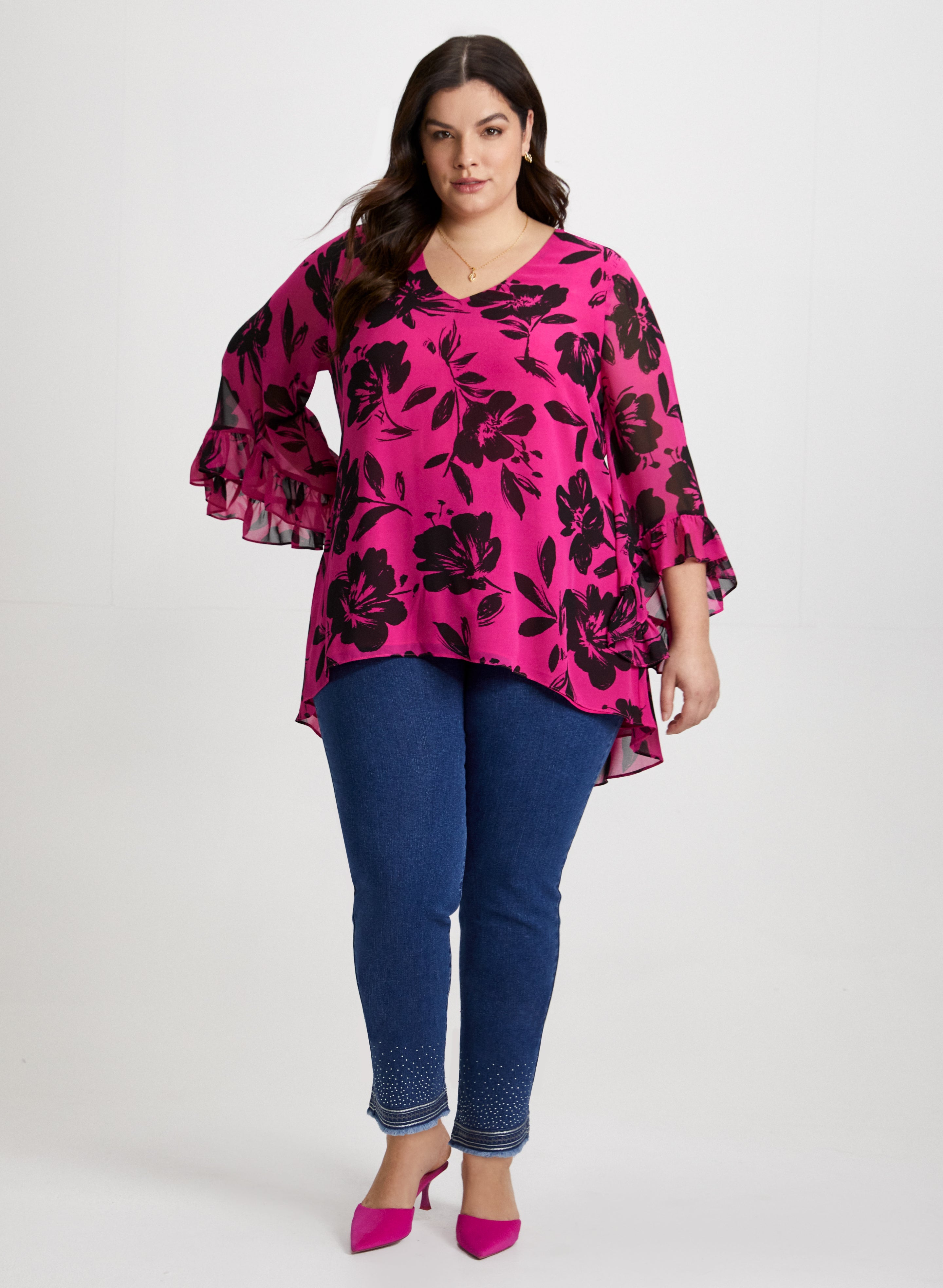 Floral Print Blouse with Sequin Hem Jeans for Women - Stylish Outfit for Party, Date Night & Casual Wear