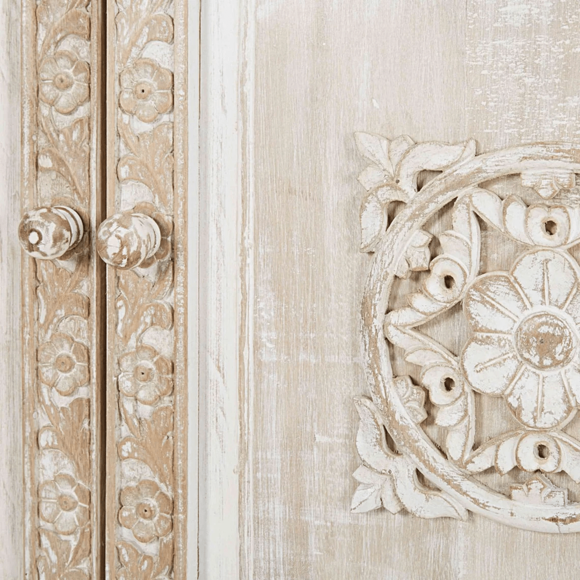 Hand Carved White Three Door Sideboard Buffet Table - Traditional Indian Wooden Cabinet for Dining Room Storage & Display