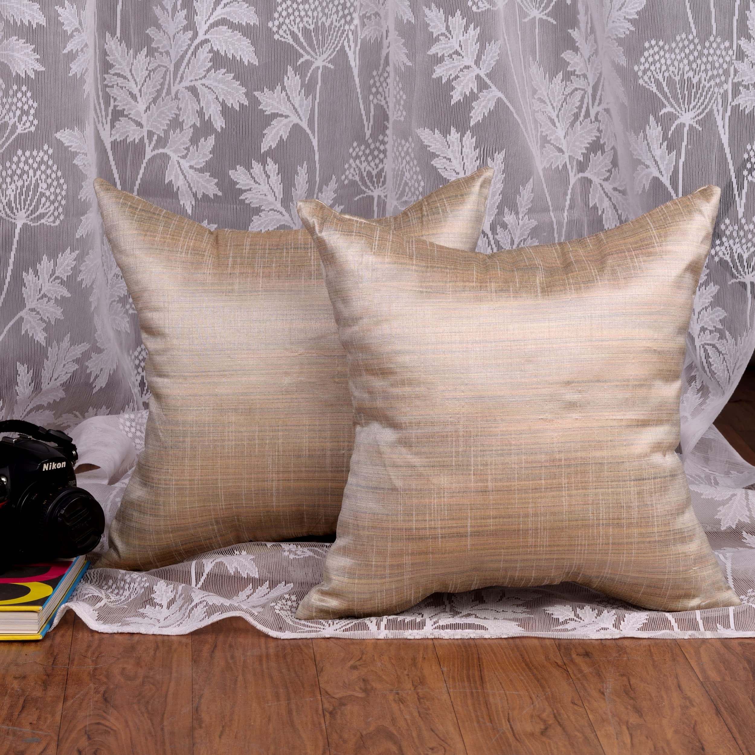 Boho Decorative Throw Pillows Set of 2 - 12x12 Inch Silk Solid Pillow Covers for Couch, Sofa & Bed - Cream Farmhouse Living Room Decor for Cozy Home, Bedroom & Guest House