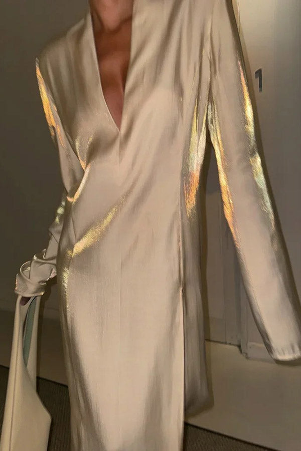 Elegant Solid Color Glossy V-Neck Long Sleeve Slit Maxi Dress for Women | Casual Party & Evening Wear | Perfect for Date Nights, Weddings, and Special Occasions