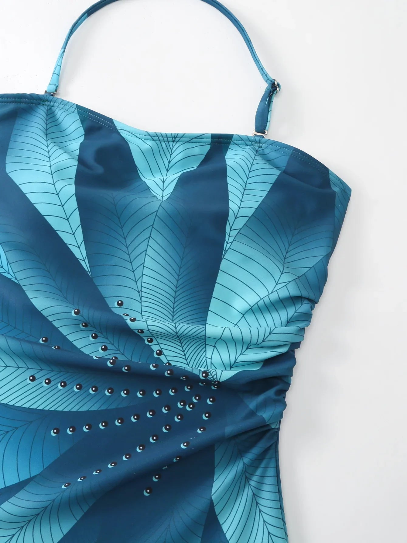 Elegant Blue Leaf Printed One Piece Swimsuit for Women - High Waisted Tummy Control Swimwear with Halter Neck | Perfect for Beach Vacations, Pool Parties & Summer Getaways